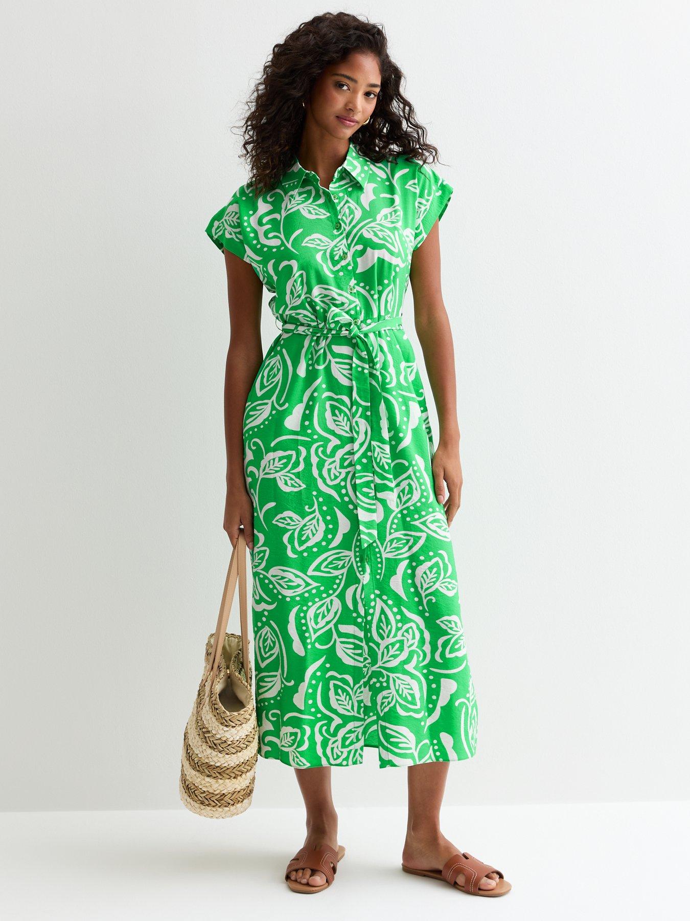 new-look-green-floral-short-sleeve-midi-shirt-dress