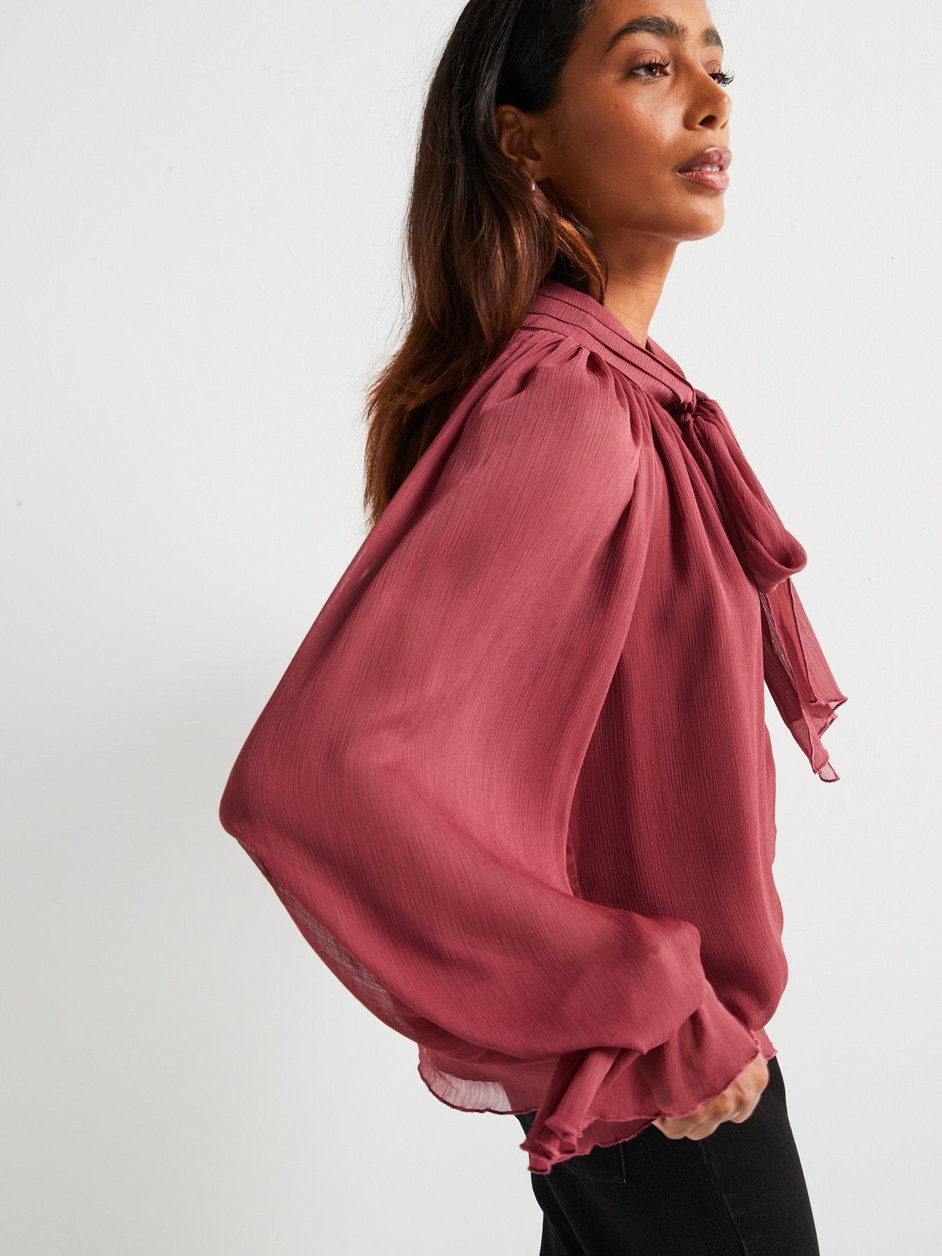 v-by-very-volume-sleeve-pussy-bow-blouse-dusky-pinkdetail