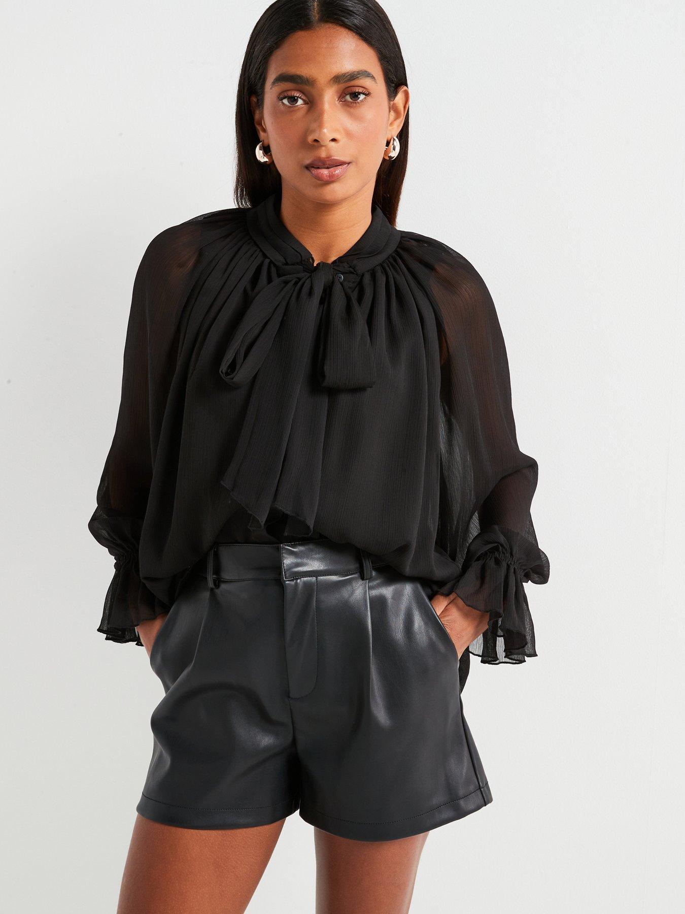 v-by-very-volume-sleeve-pussy-bow-blouse-black