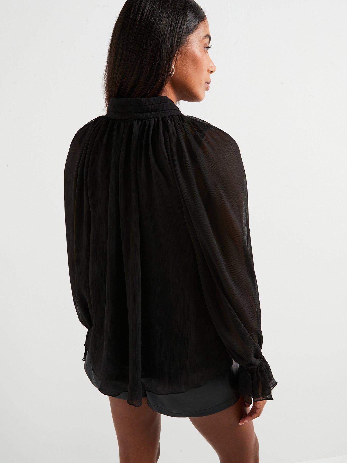 v-by-very-volume-sleeve-pussy-bow-blouse-blackstillFront