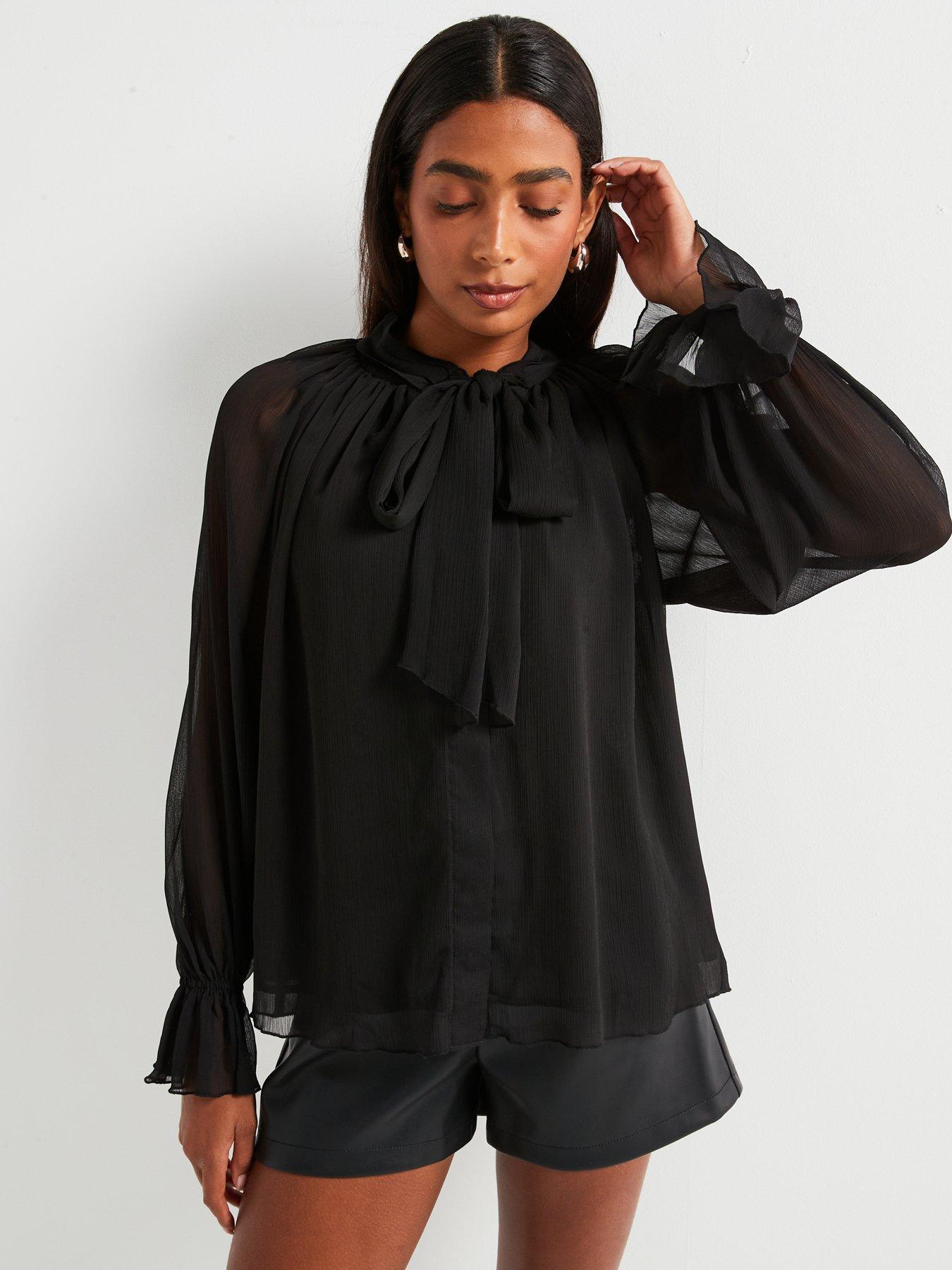 v-by-very-volume-sleeve-pussy-bow-blouse-blackdetail