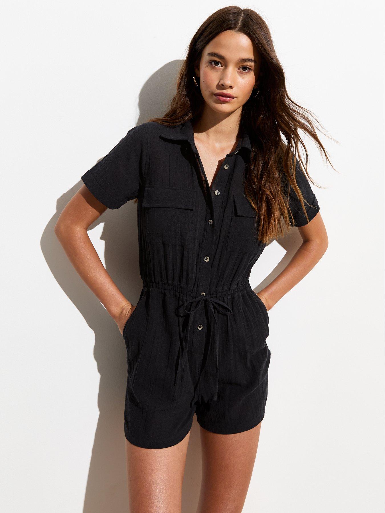 new-look-black-short-sleeve-utility-cotton-playsuit