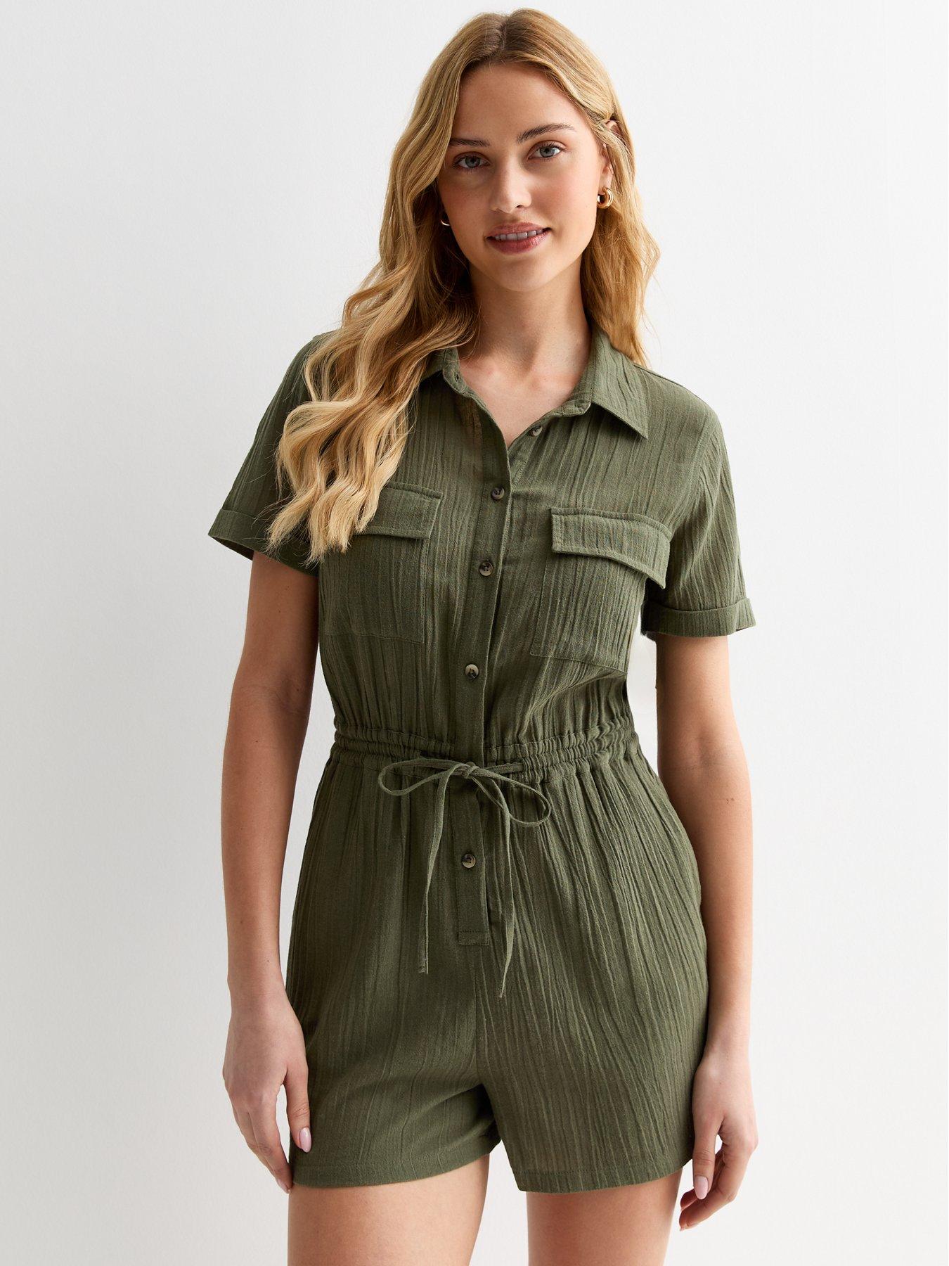 new-look-khaki-short-sleeve-utility-cotton-playsuit