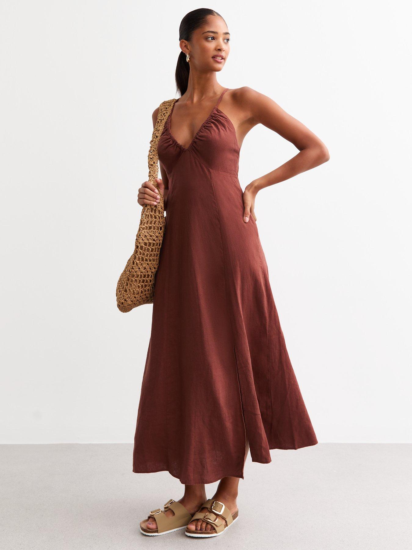 new-look-rust-linen-blend-ruched-v-neck-slip-dress