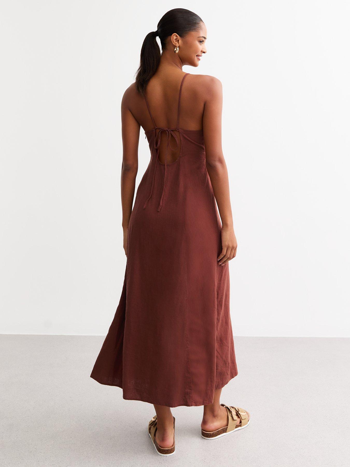 new-look-rust-linen-blend-ruched-v-neck-slip-dressstillFront