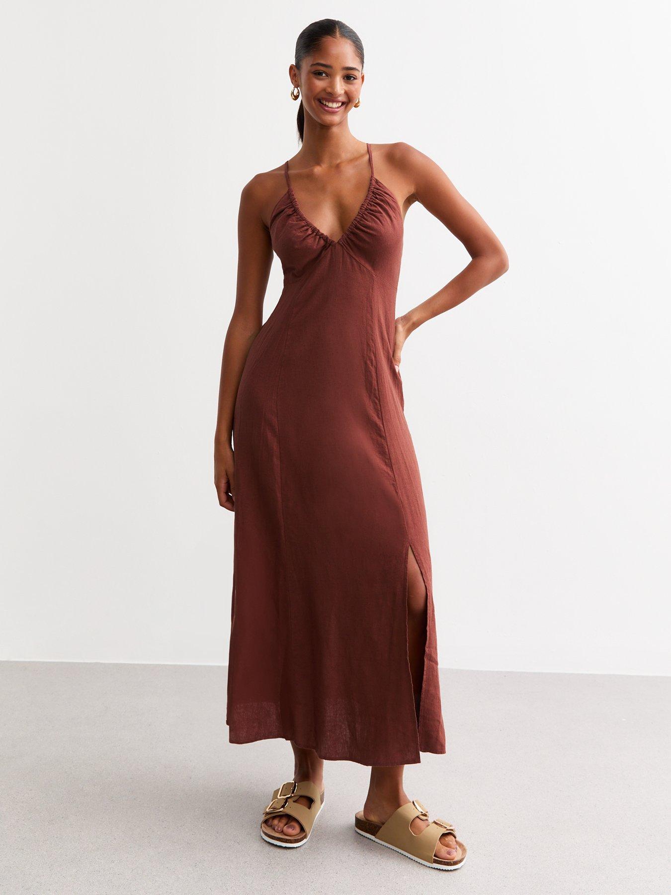 new-look-rust-linen-blend-ruched-v-neck-slip-dressback