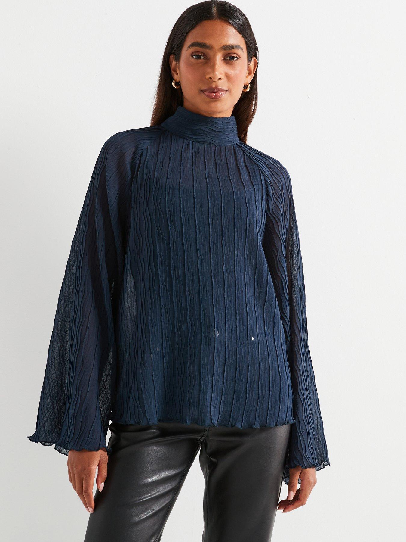 v-by-very-plisse-high-neck-blouse-navy