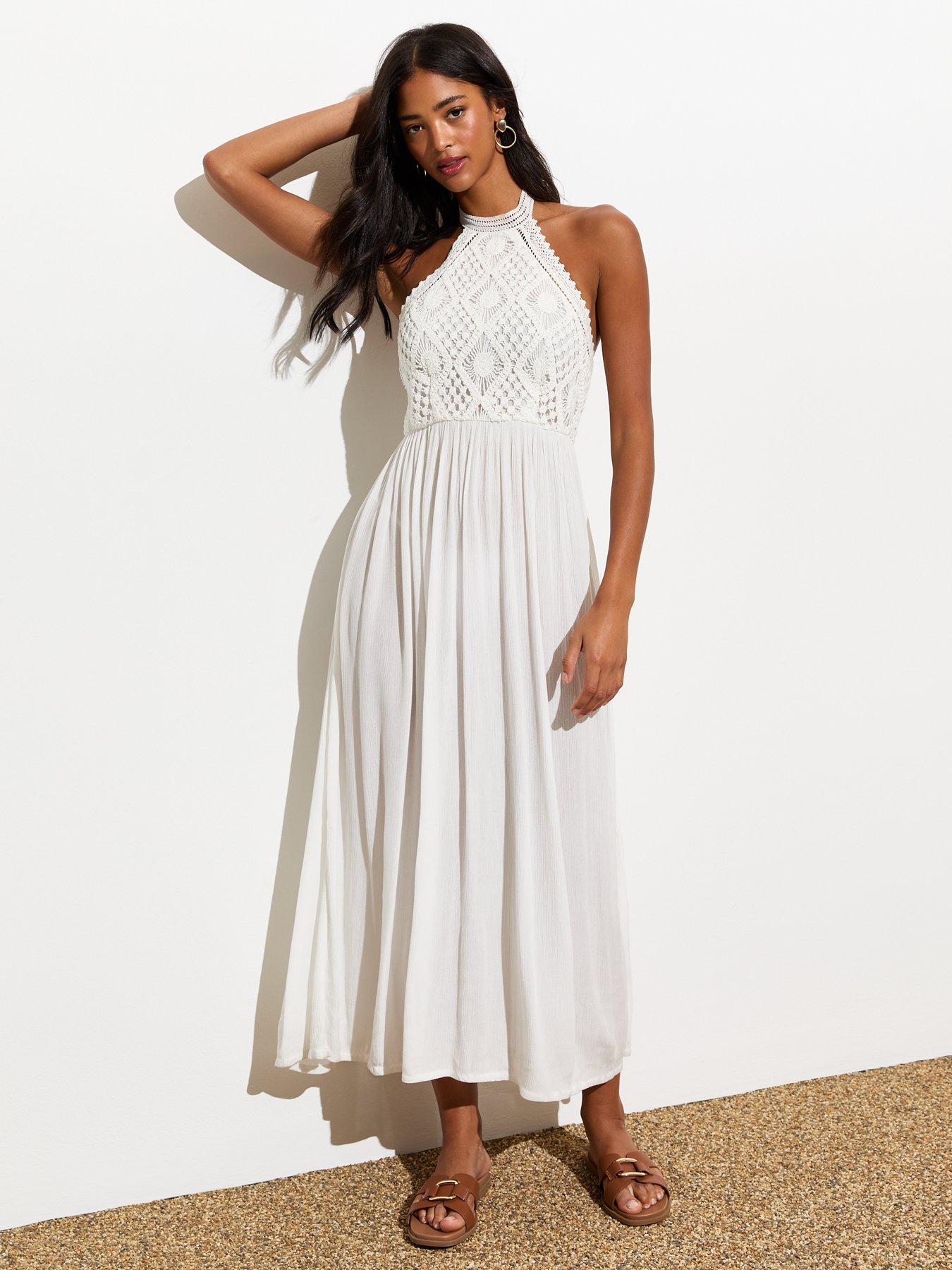 New Look Stone Cotton-blend Halter Crochet Midi Dress
