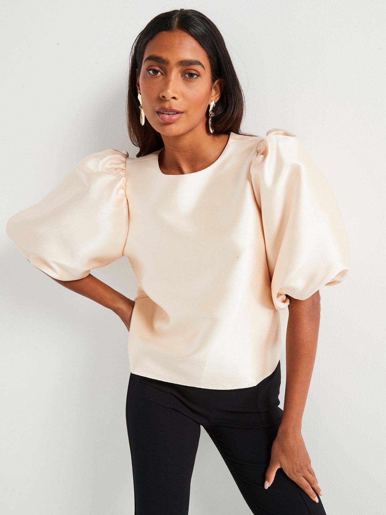 V by Very X Carol Byrne Puff Sleeve Satin Blouse Beige Very