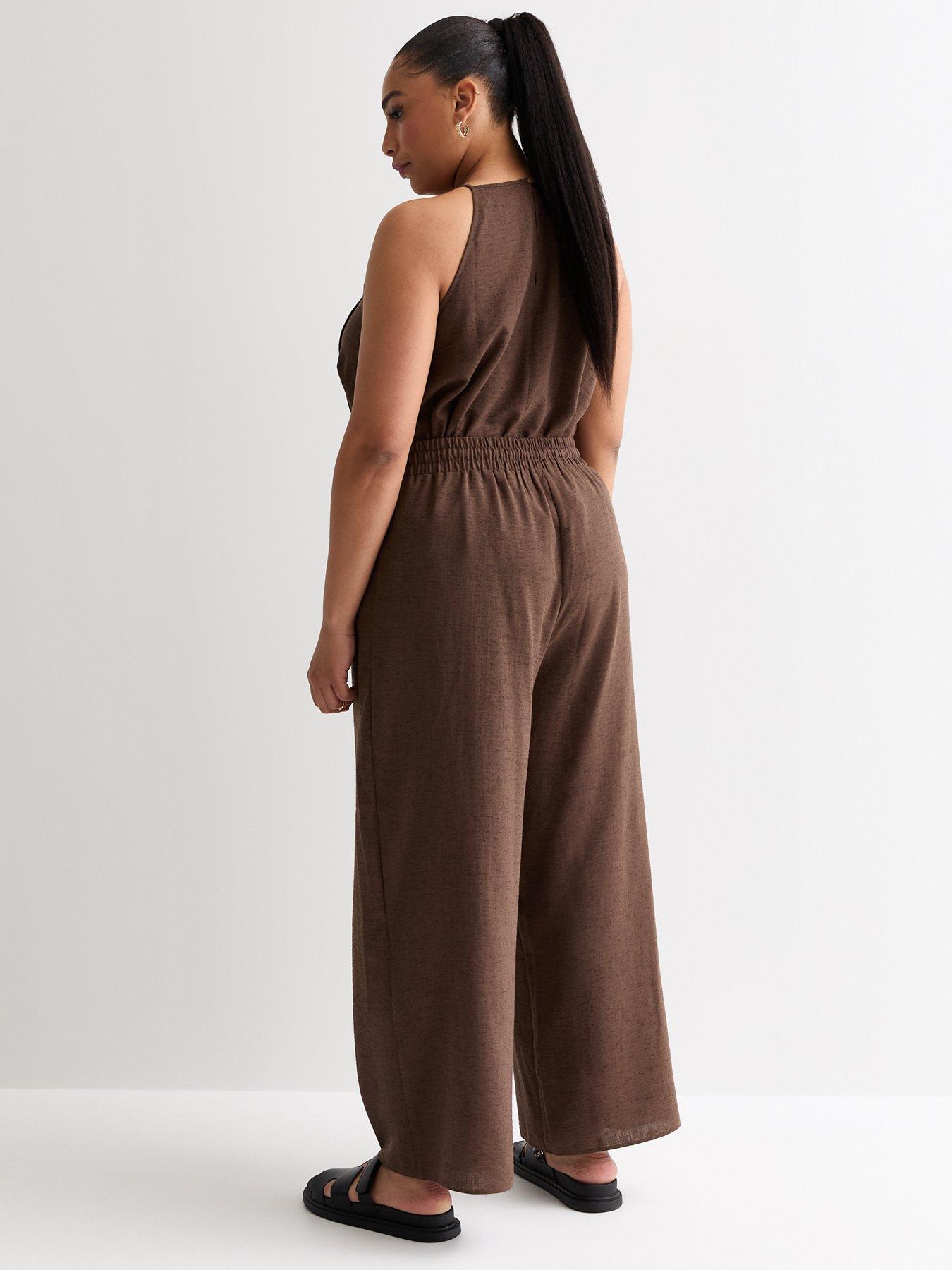 Image 2 of 4 of New Look Curves Linen Wide Leg Trousers - Dark Brown