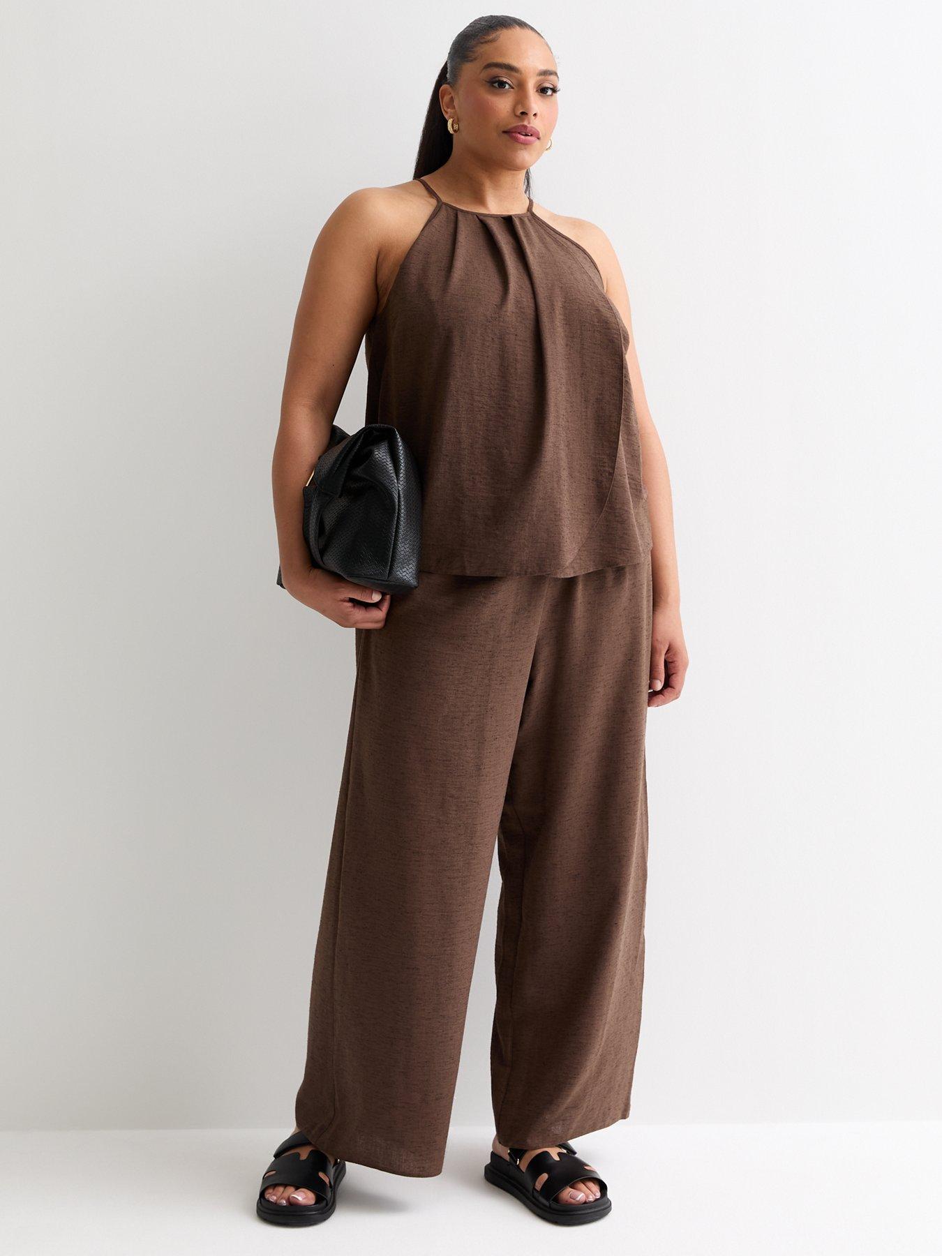 Image 3 of 4 of New Look Curves Linen Wide Leg Trousers - Dark Brown