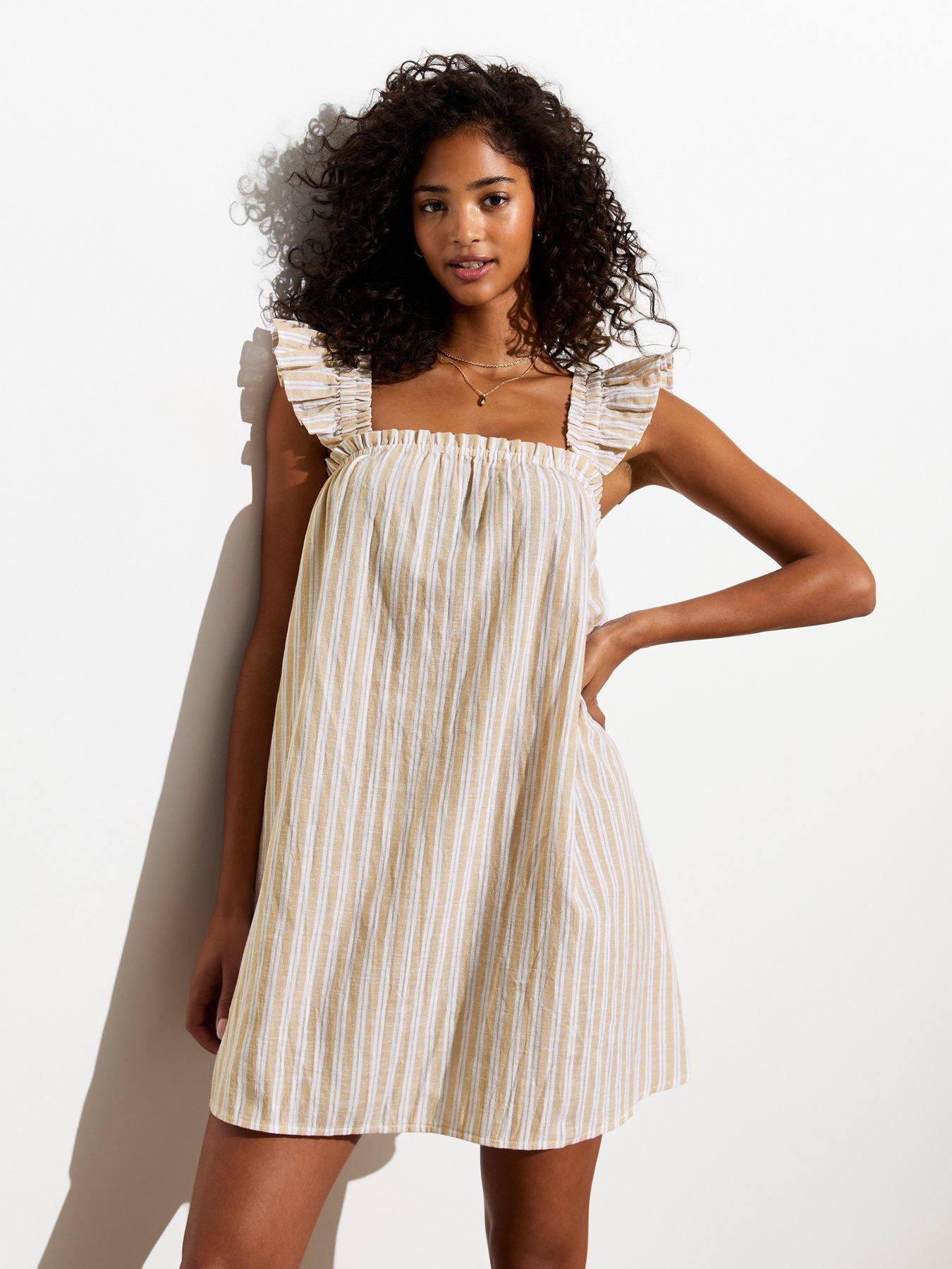 new-look-brown-frill-trim-cotton-linen-blend-mini-dressfront