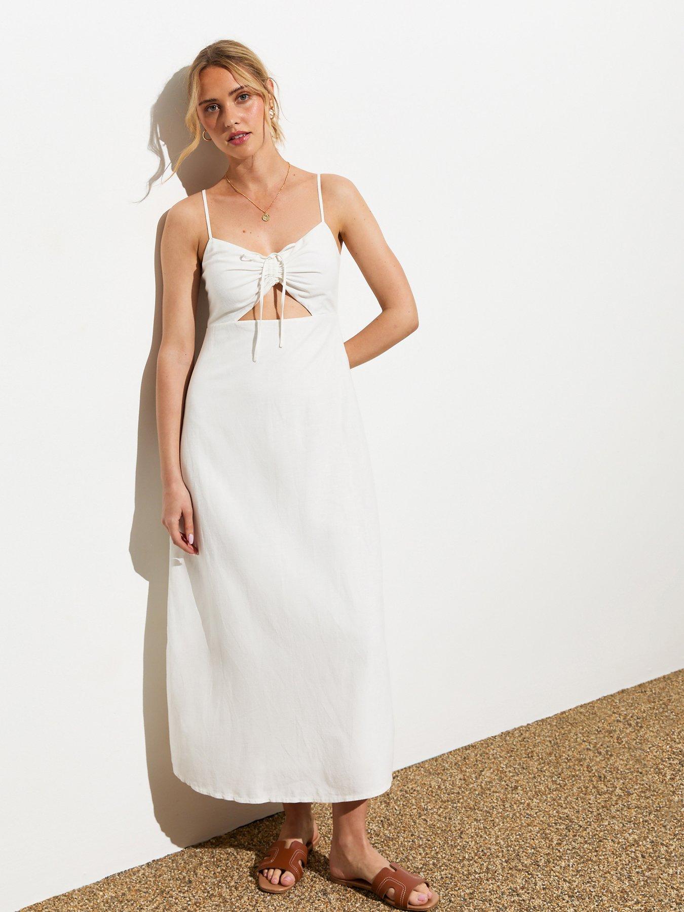 new-look-off-white-strappy-cut-out-ruched-midi-dress