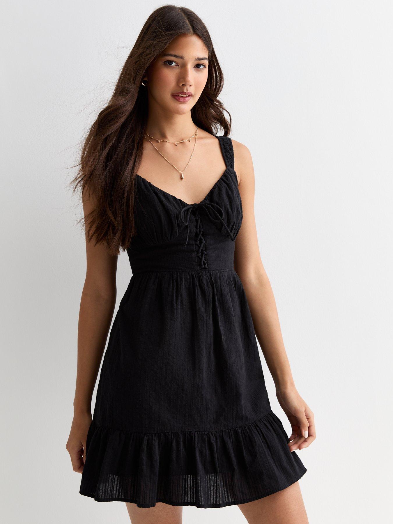 new-look-black-cotton-lace-up-milkmaid-mini-dress