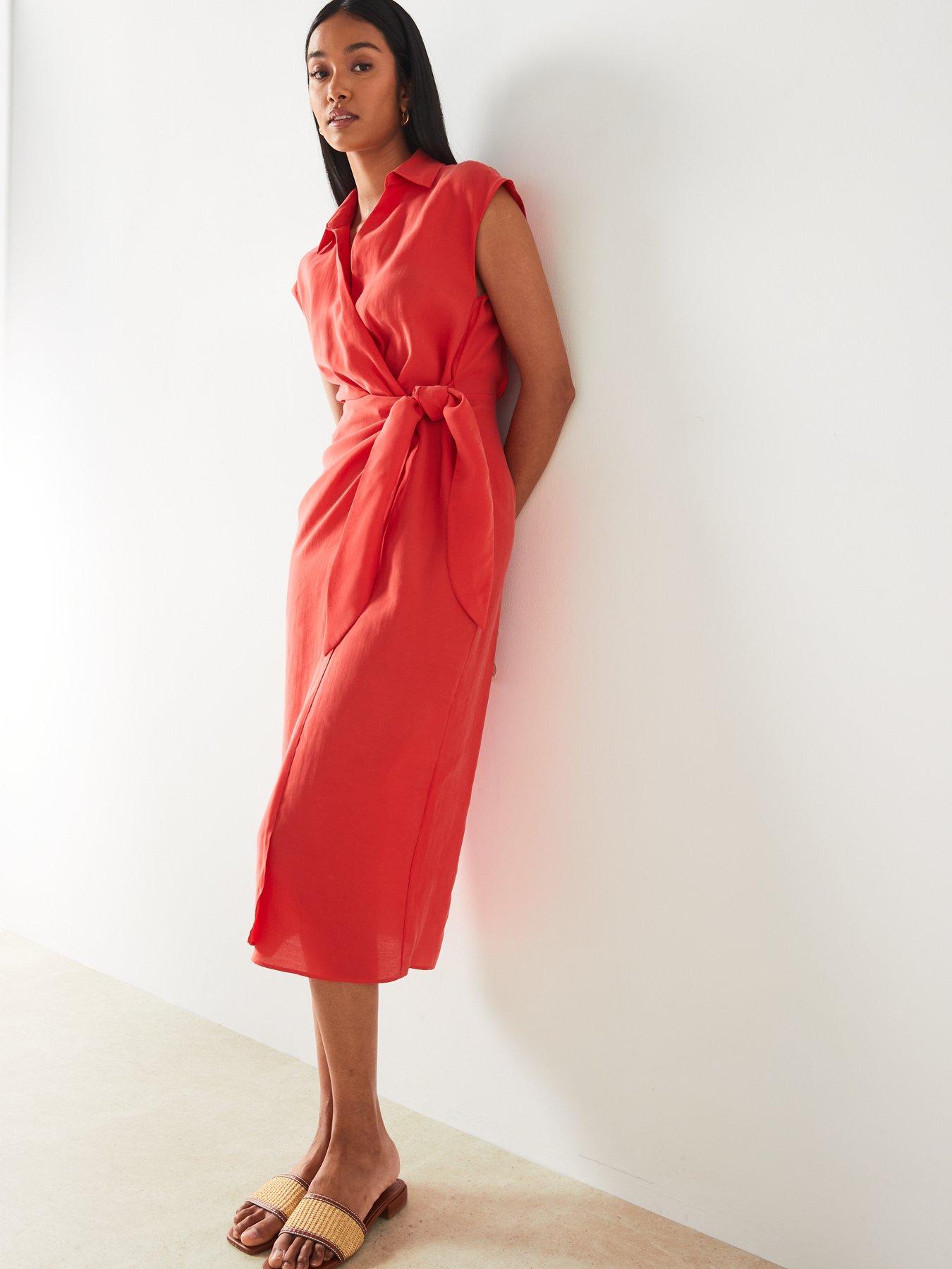 Red Shirt style Short Sleeve Wrap Midi Dress