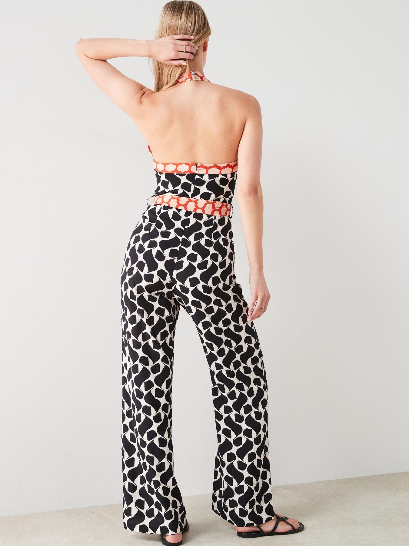 Image 2 of 6 of Mango Printed Jumpsuit With Bow - Black