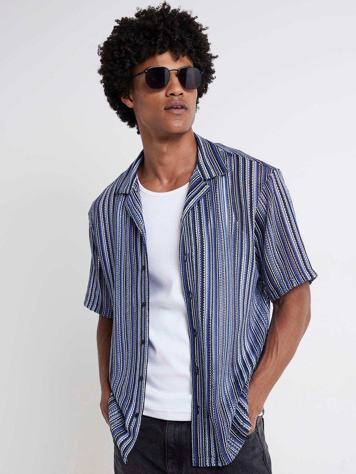 river-island-short-sleeve-regular-fit-crochet-stripe-revere-shirt-bluefront