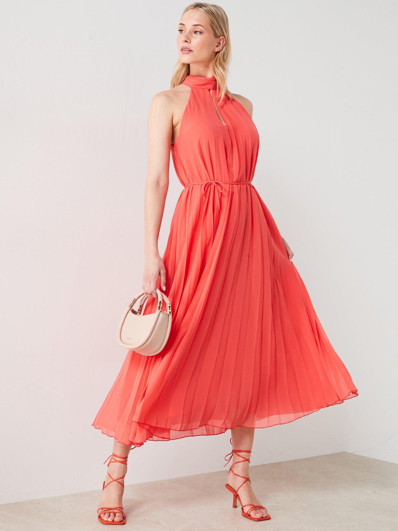 mango-pleated-halter-neck-midi-dress-coral