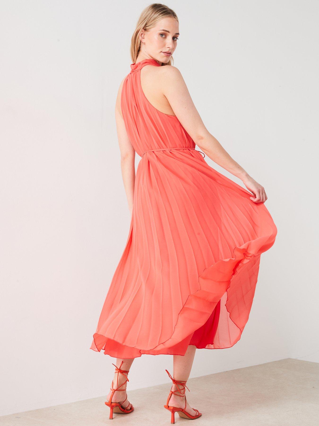 pleated halter neck dress mango Mango Pleated Halter Neck Midi Dress - Coral