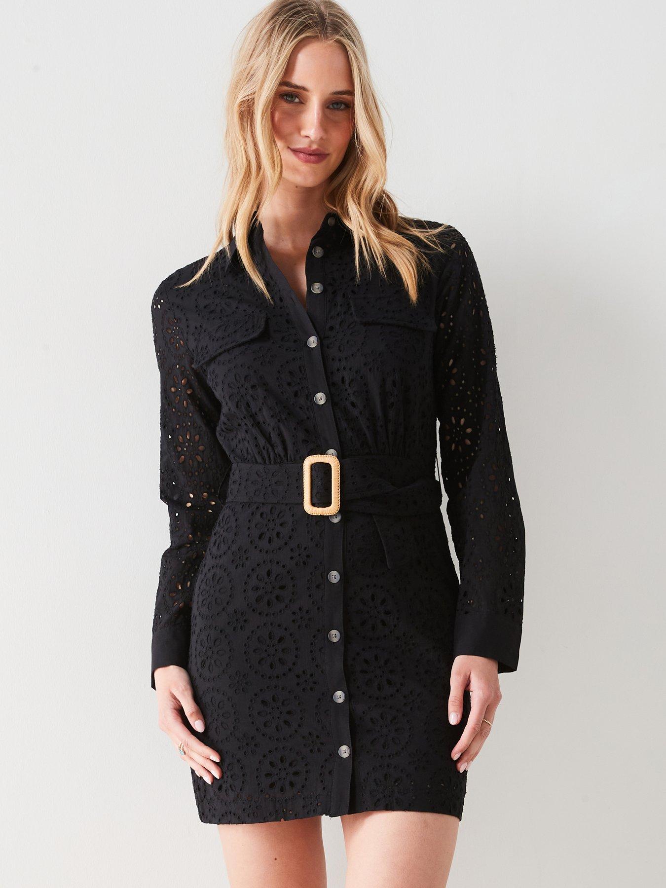 Image 1 of 6 of Mango Swiss Embroidered Shirt Dress - Black