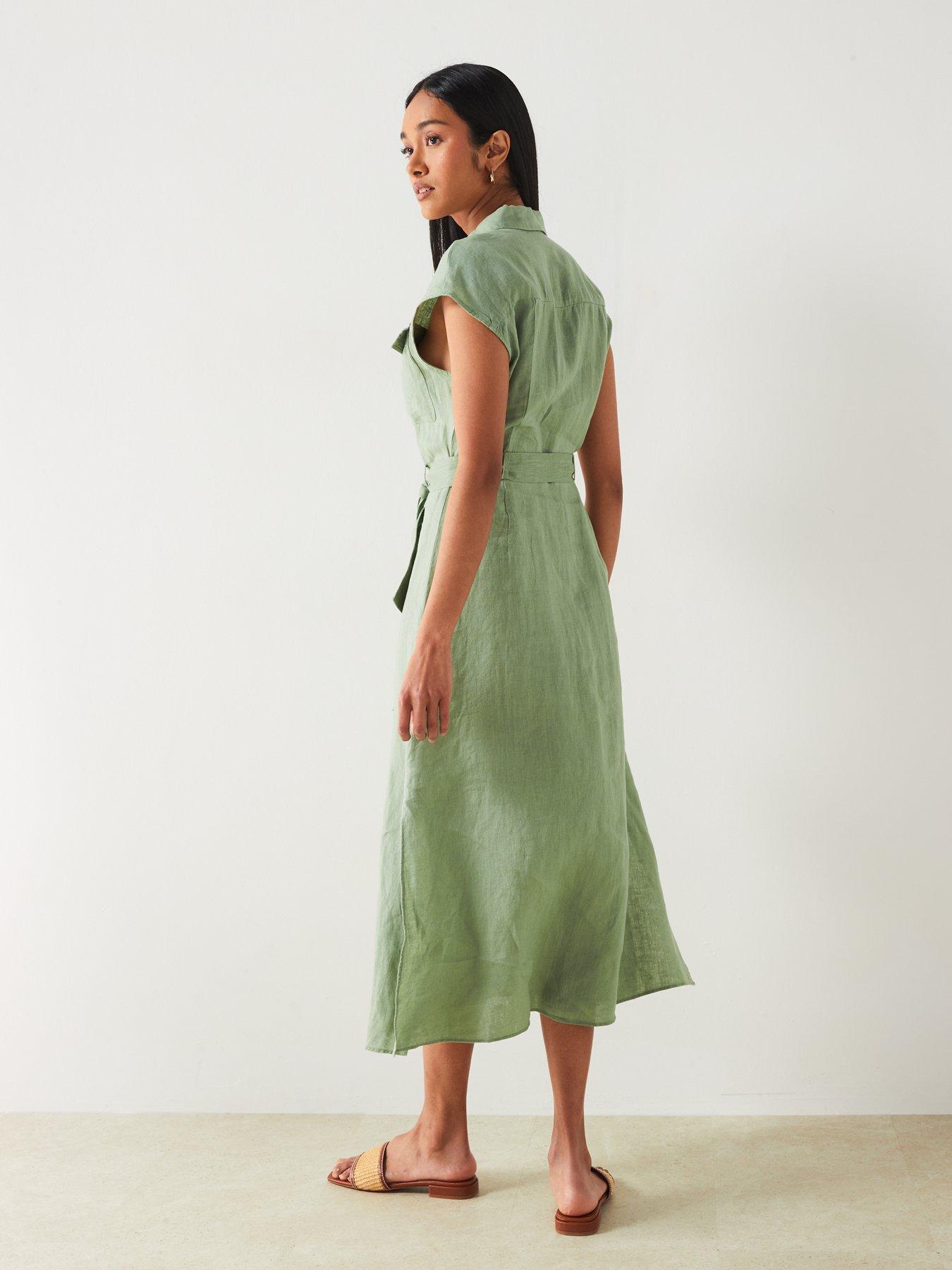 mango green linen dress Puffed-sleeve linen dress