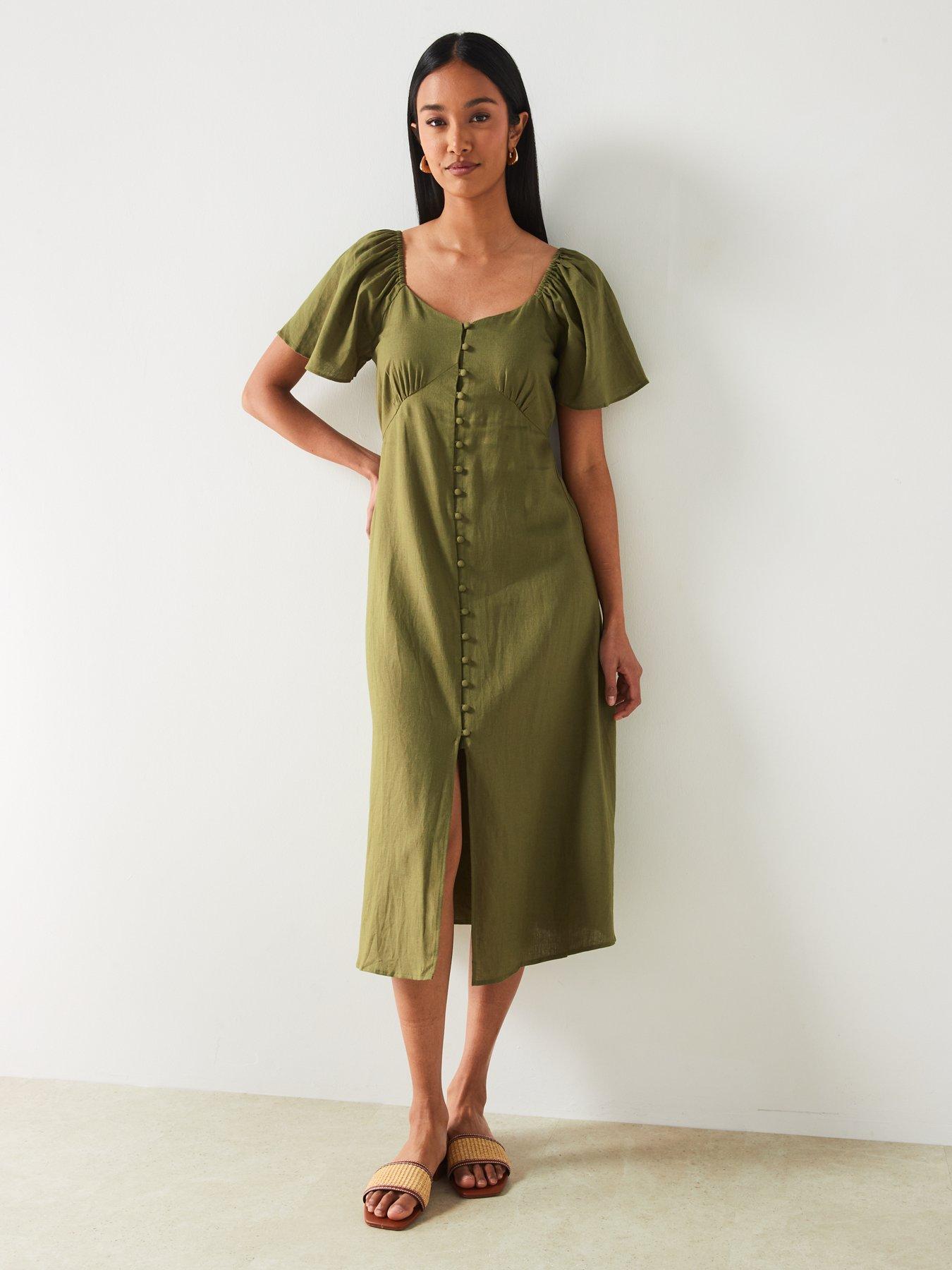 mango-green-linen-mix-v-neck-midi-dress