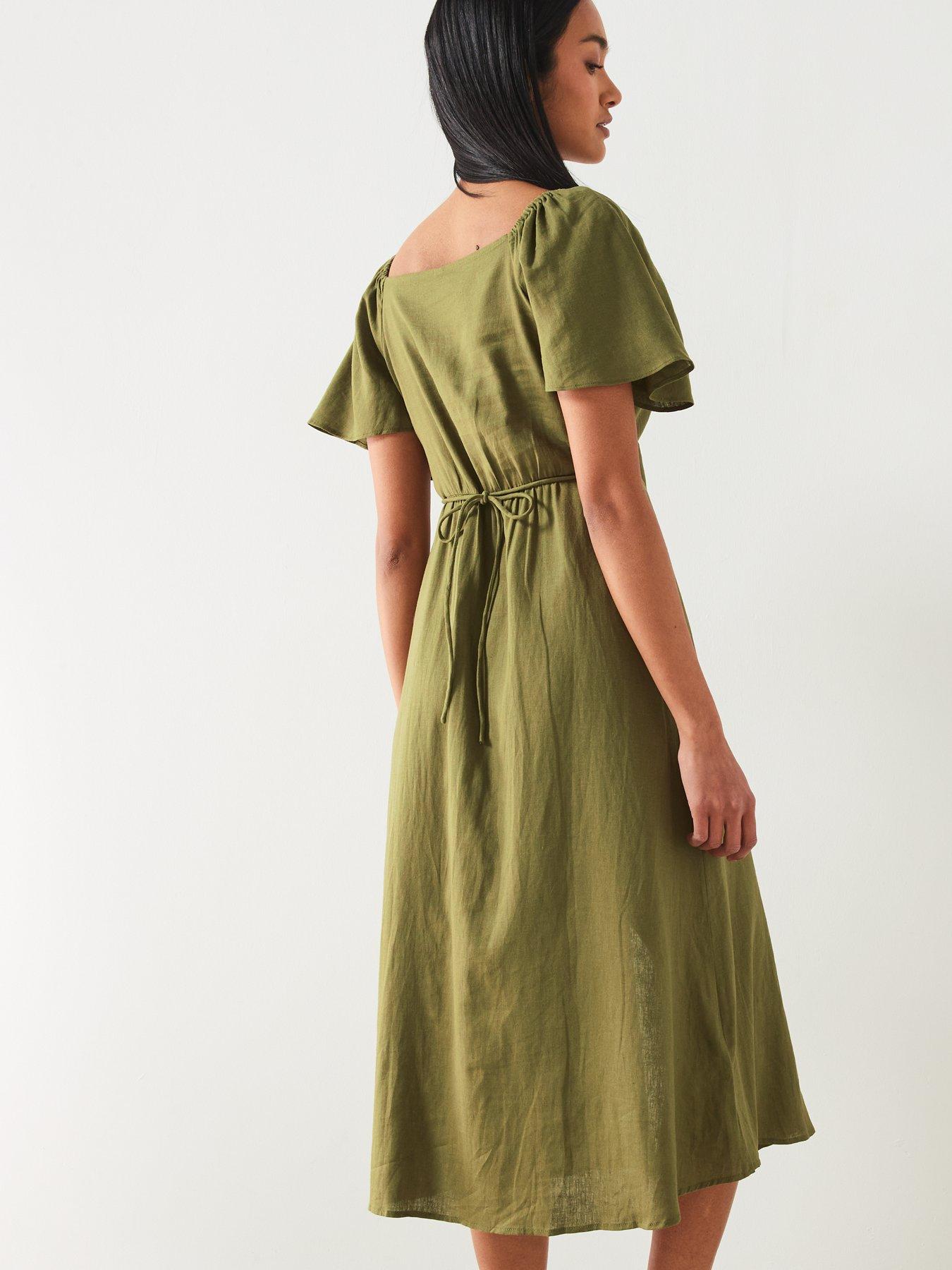 mango-green-linen-mix-v-neck-midi-dressstillFront