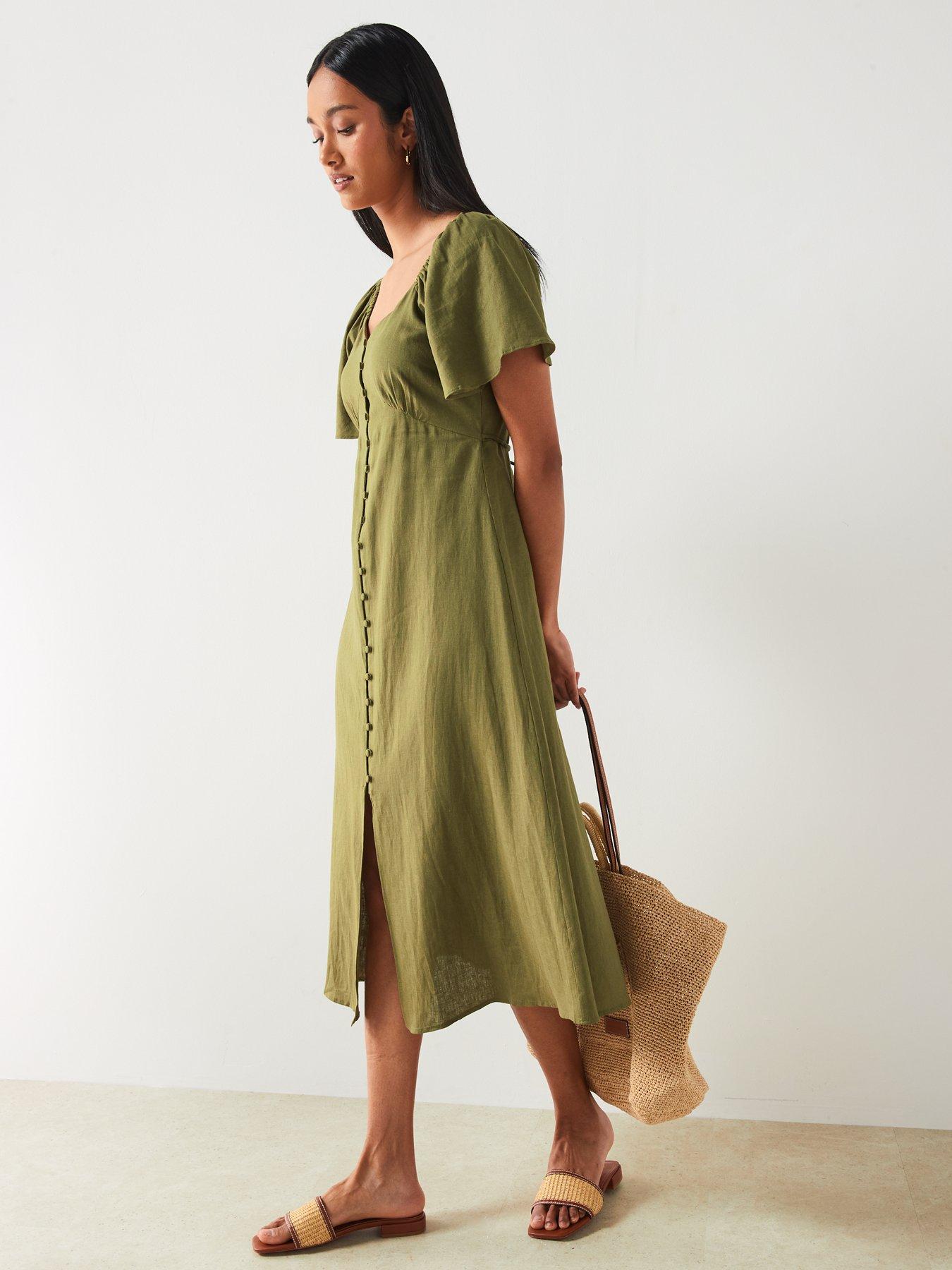 mango-green-linen-mix-v-neck-midi-dressdetail