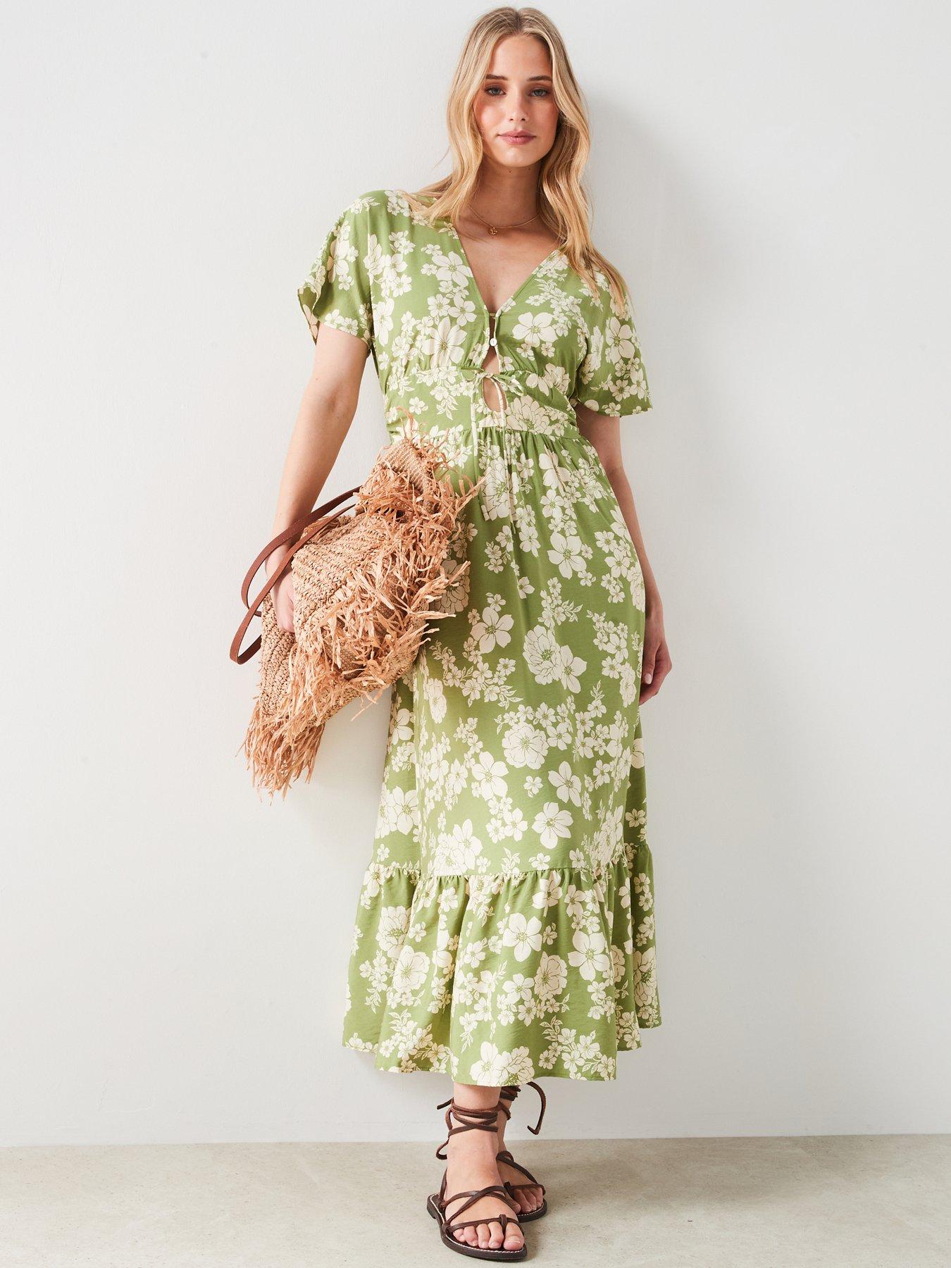Mango Floral Print Cut Out Detail Midi Dress - Green | Very Ireland