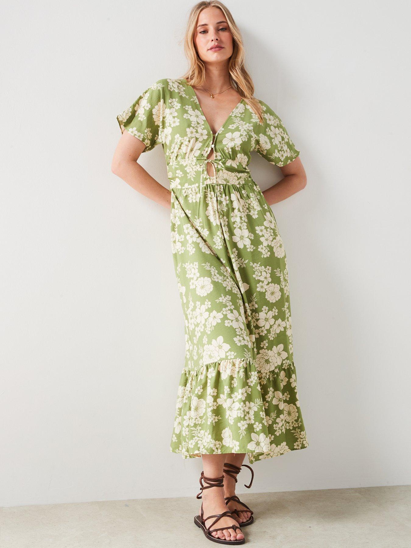 mango-floral-print-cut-out-detail-midi-dress-greenoutfit