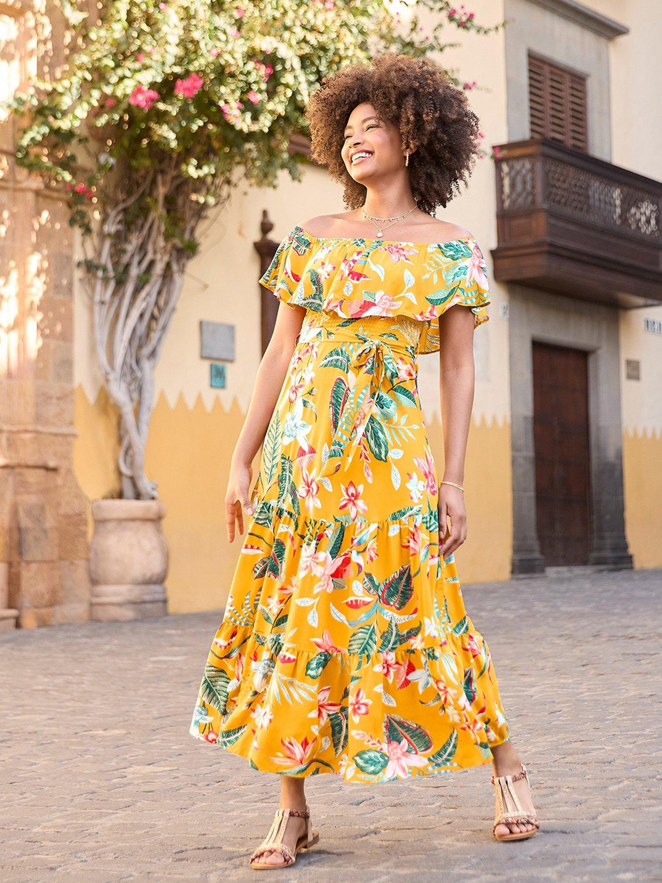 joe-browns-tropical-print-bardot-midi-dress-yellow