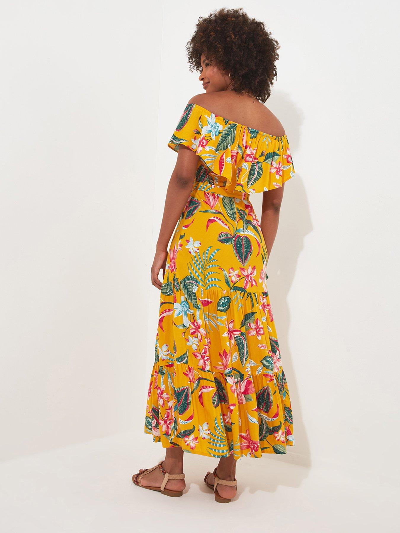 joe-browns-tropical-print-bardot-midi-dress-yellowstillFront