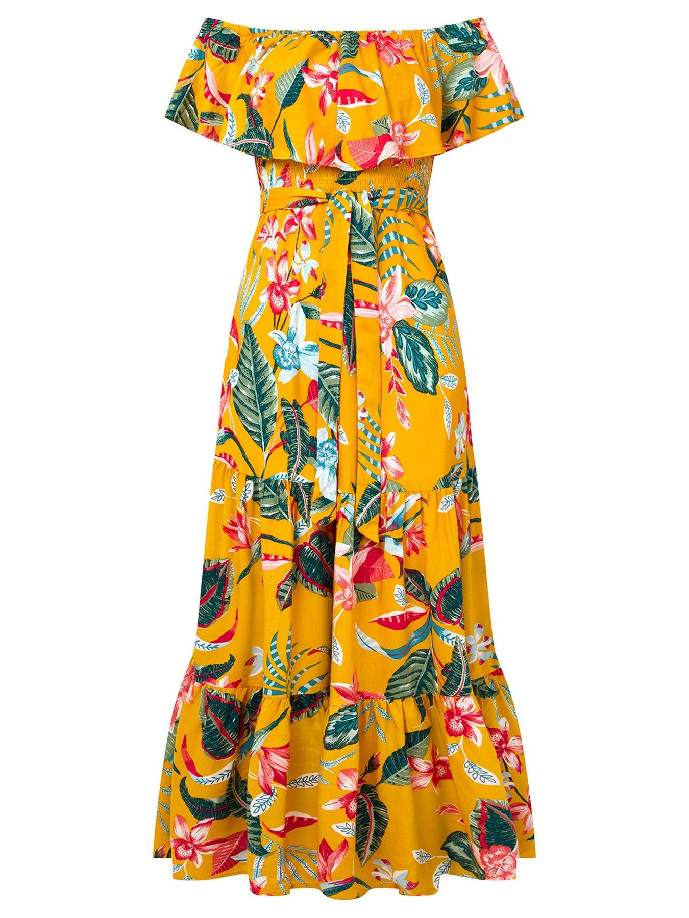 joe-browns-tropical-print-bardot-midi-dress-yellowoutfit