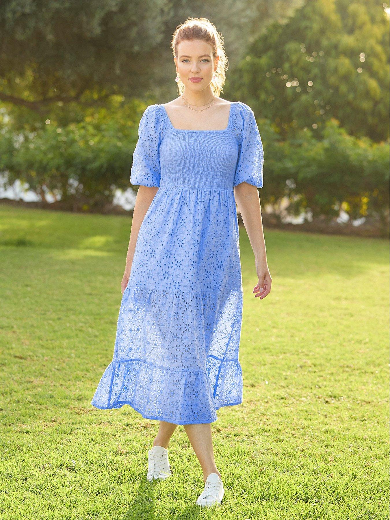 Image 1 of 6 of Joe Browns Broderie Cotton Midi Dress - Blue