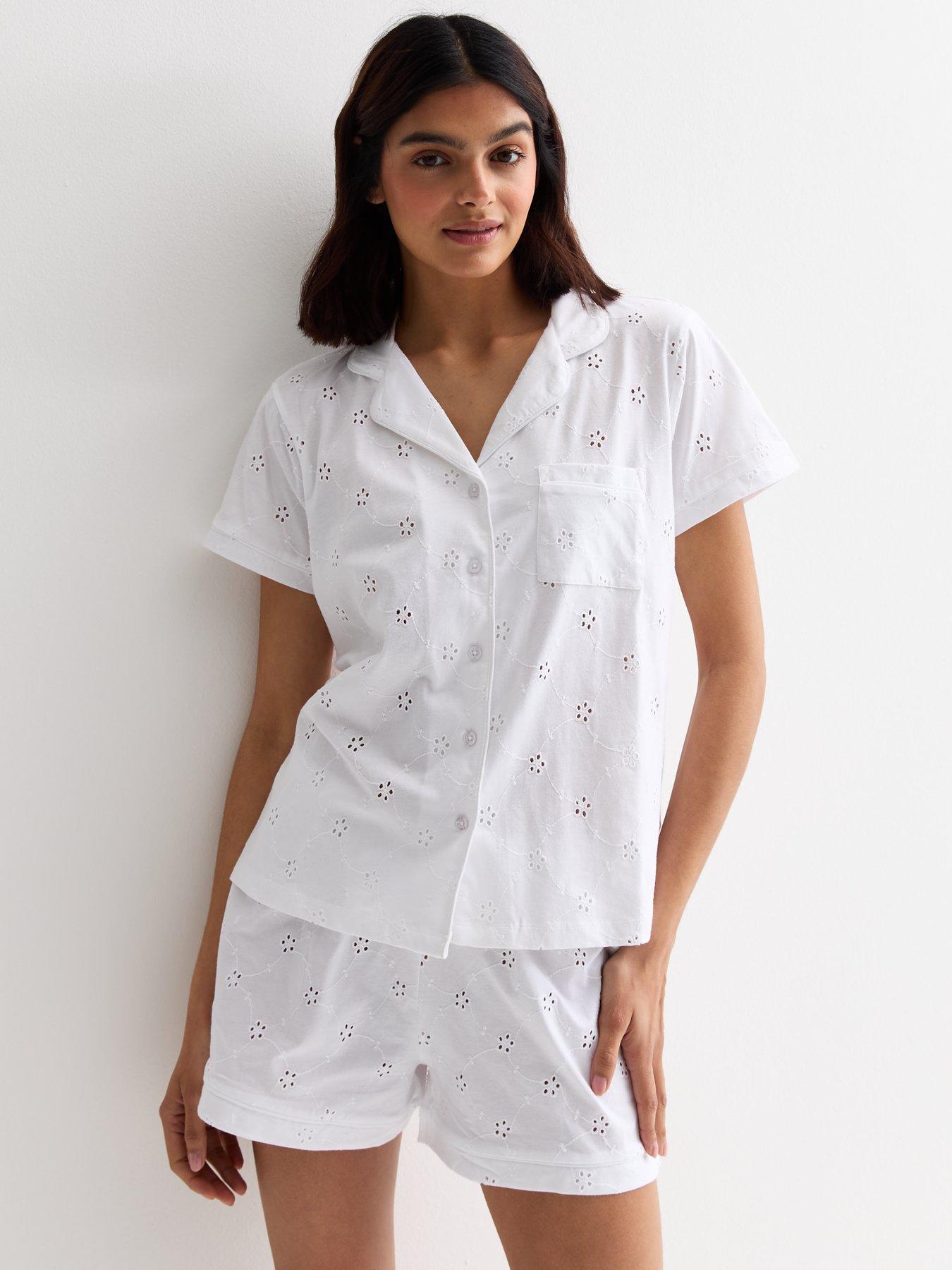 new-look-white-embroidered-cotton-shirt-short-setfront