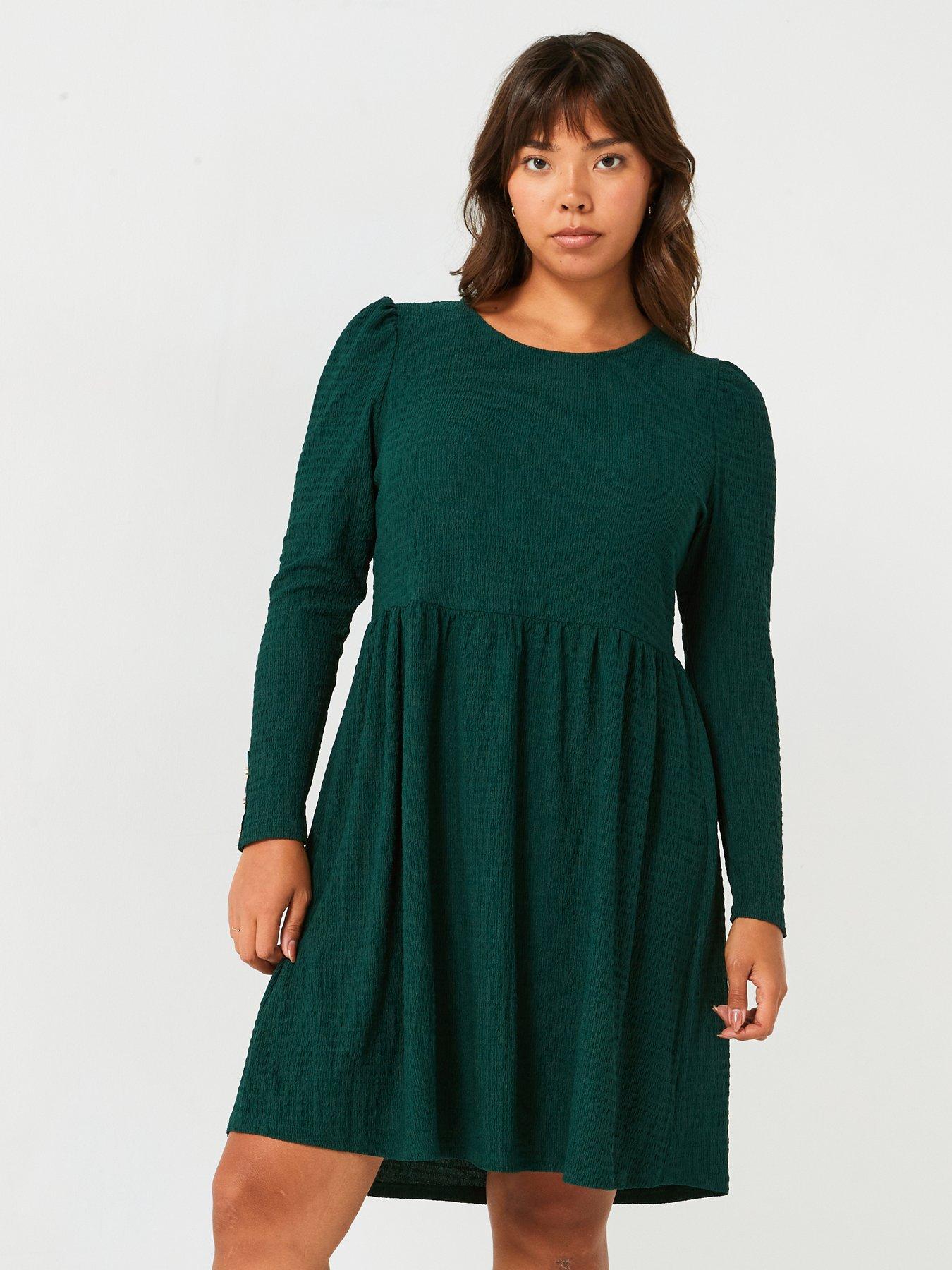 v-by-very-curve-long-sleeve-crinkle-mini-dress-green