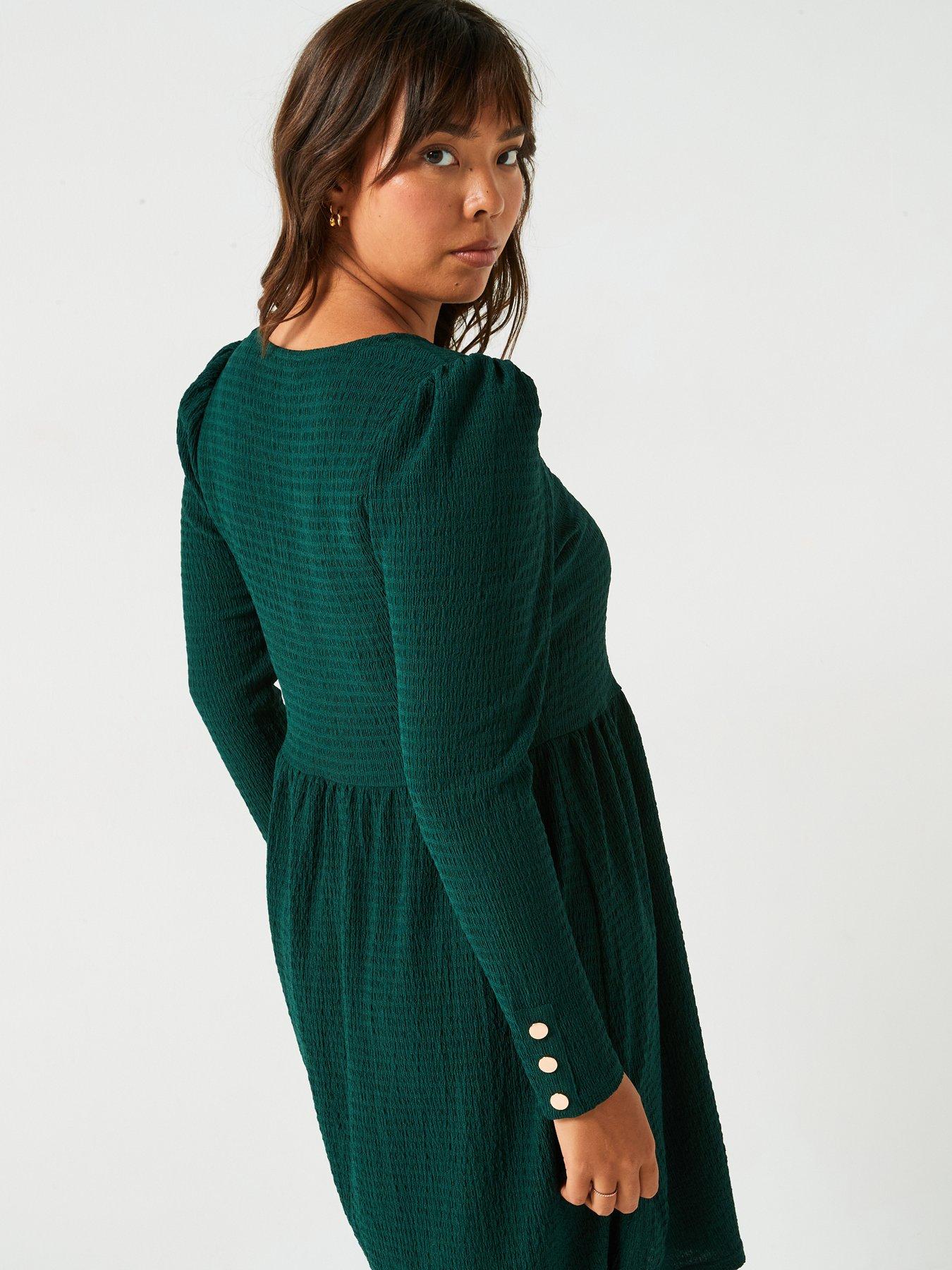 v-by-very-curve-long-sleeve-crinkle-mini-dress-greenstillFront