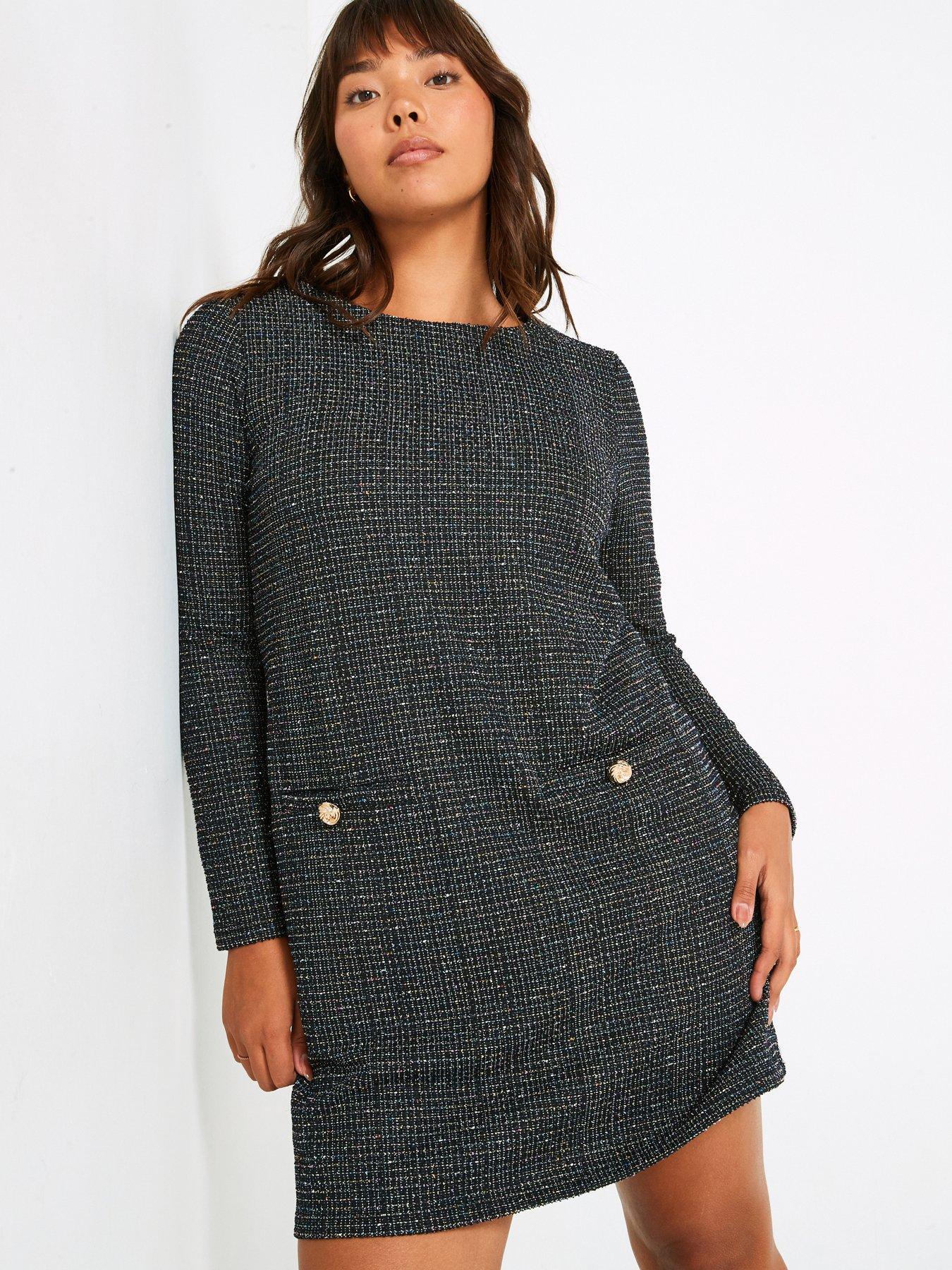 v-by-very-curve-long-sleeve-boucle-shift-dress-black