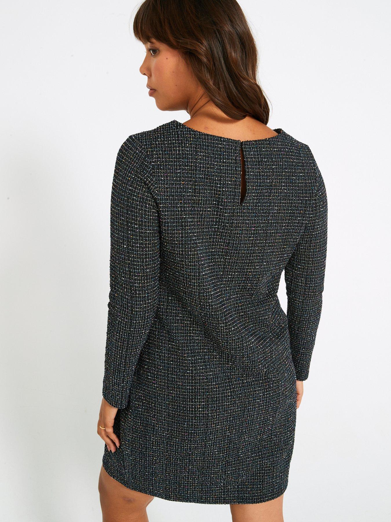 v-by-very-curve-long-sleeve-boucle-shift-dress-blackstillFront