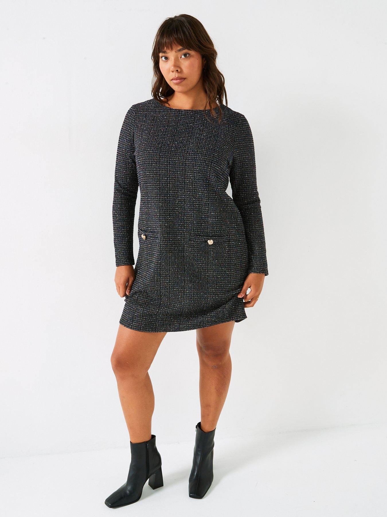 v-by-very-curve-long-sleeve-boucle-shift-dress-blackback