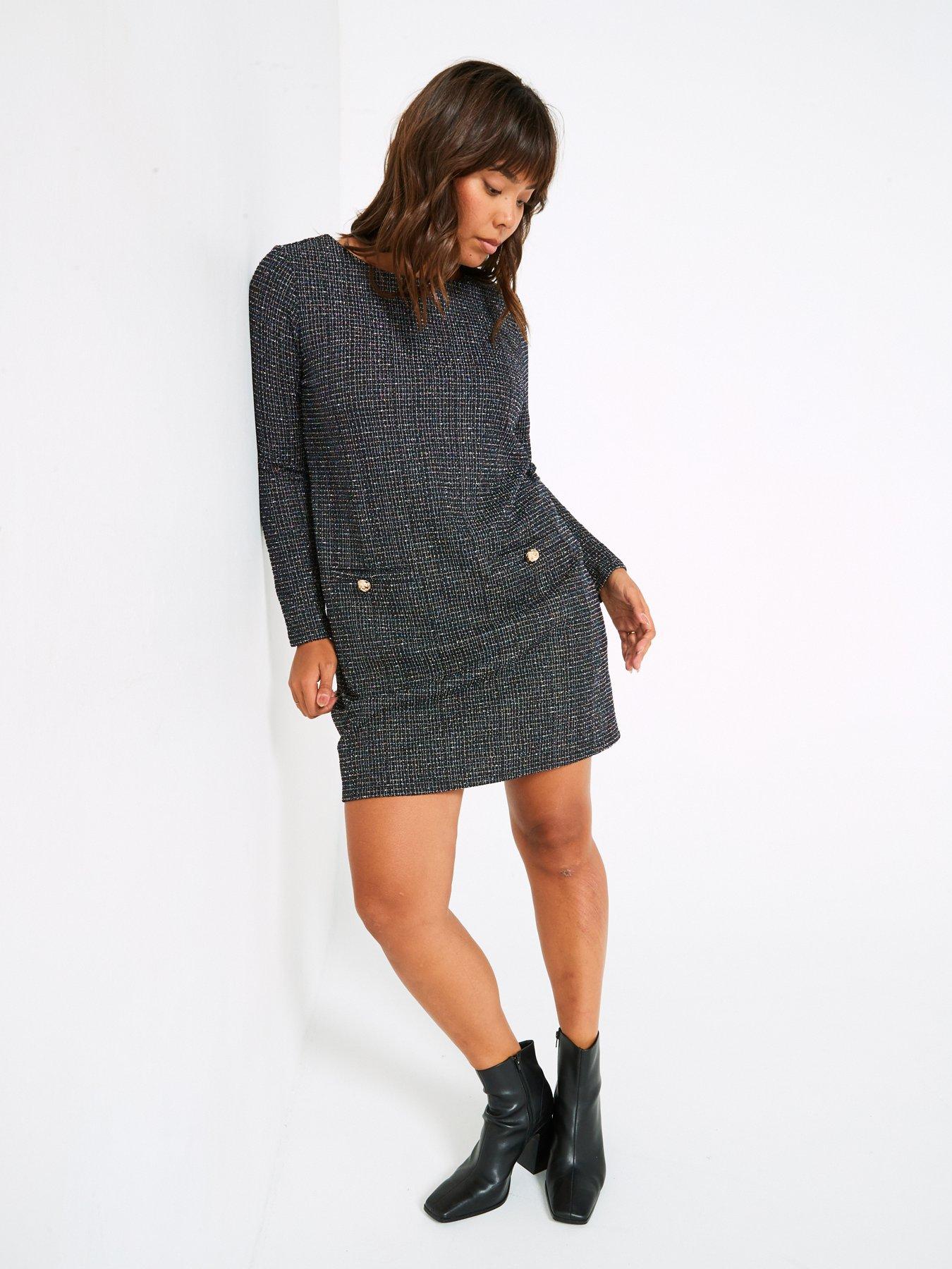 v-by-very-curve-long-sleeve-boucle-shift-dress-blackdetail