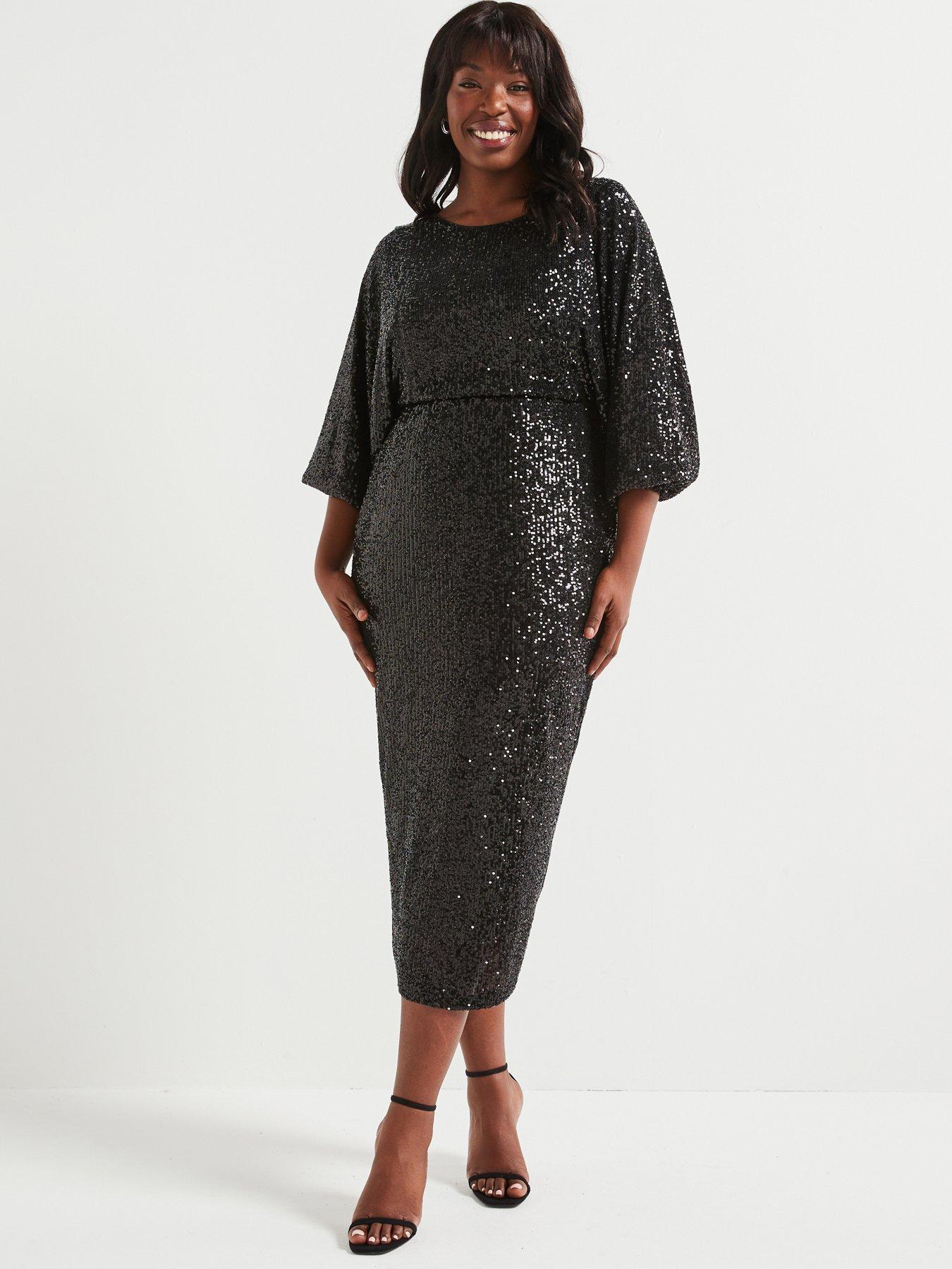 v-by-very-curve-long-sleeve-bow-back-sequin-midi-dress-blackfront