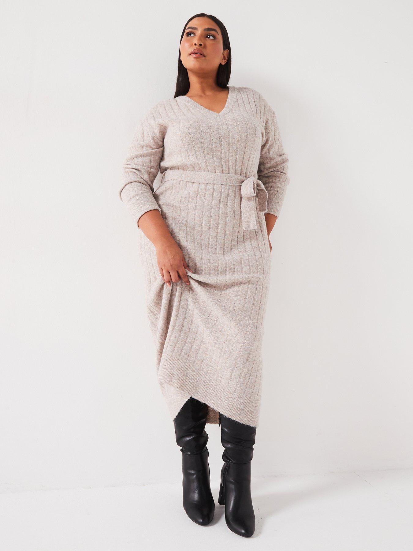 The Very Collection Curve V Neck Knitted Dress - Beige