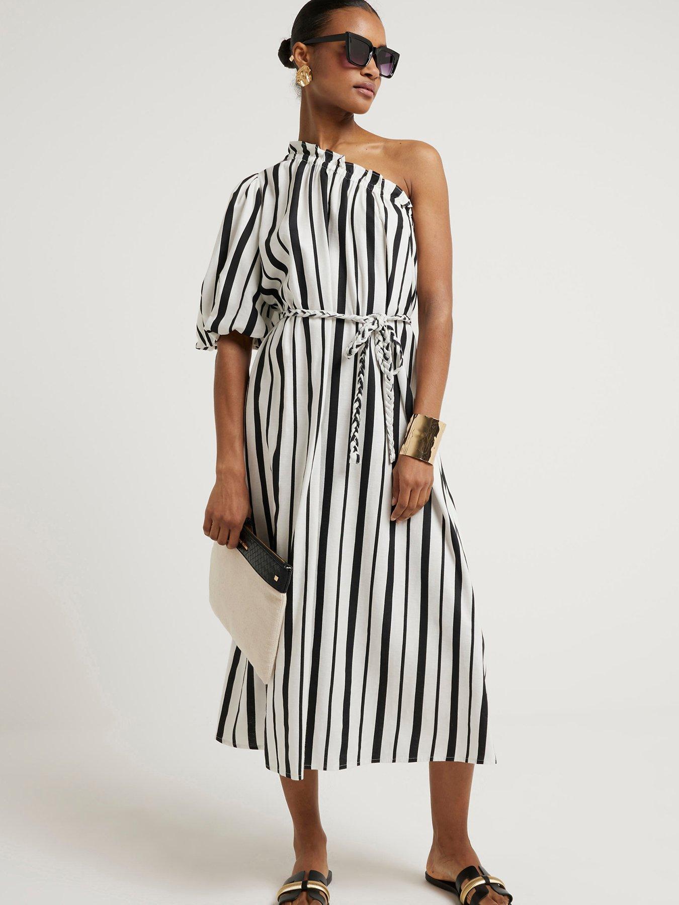 River Island One Shoulder Stripe Midi Dress - Black