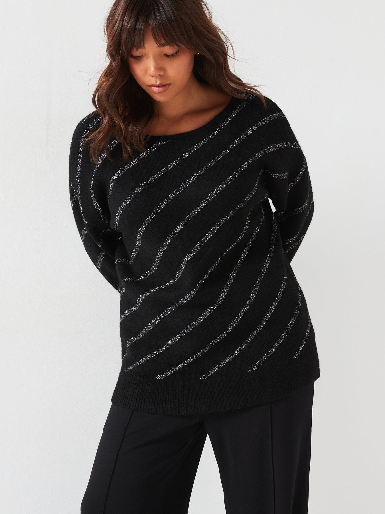 Image of V by Very Curve Lurex Stripe Slash Neck Jumper - Black