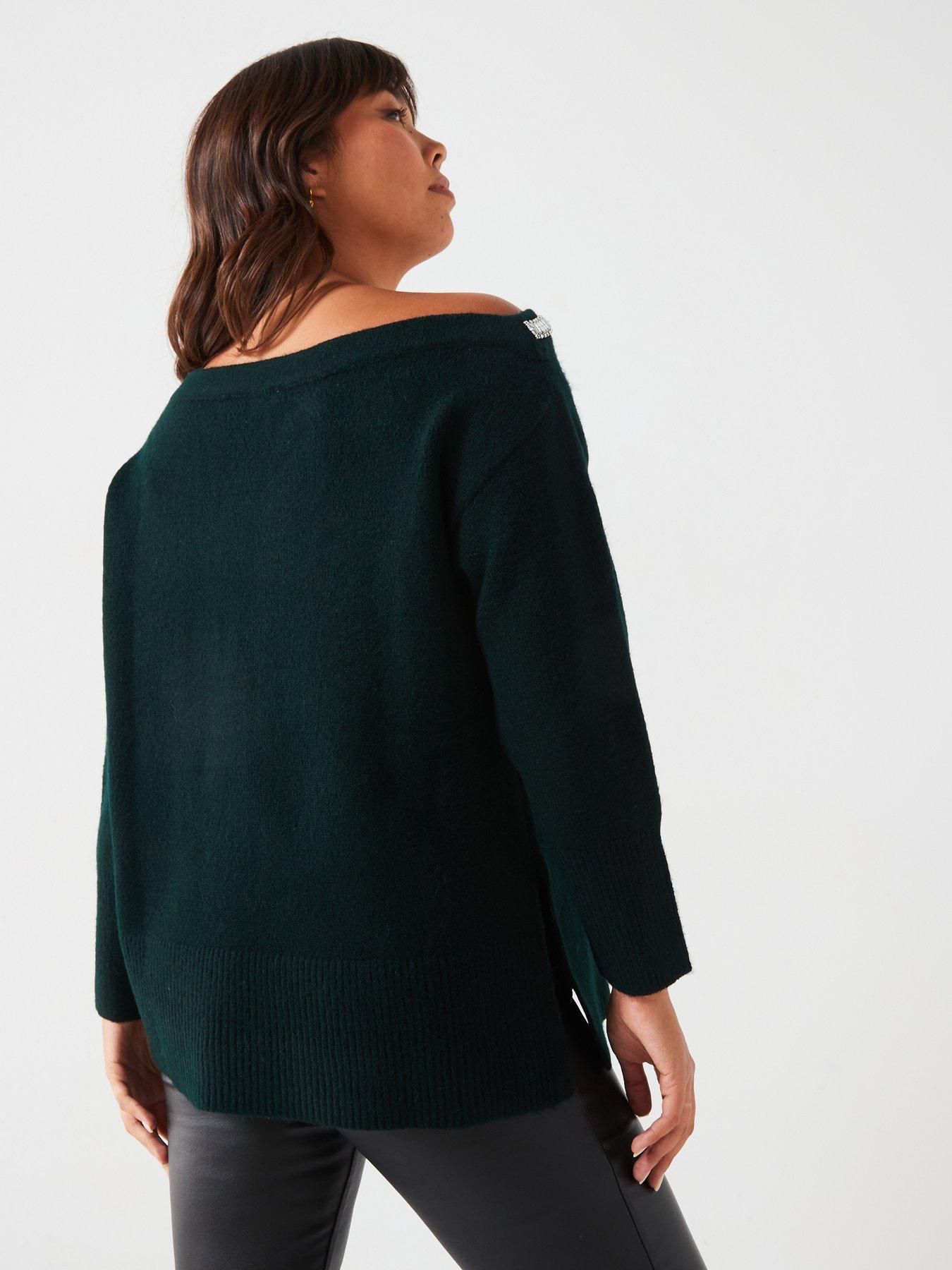 v-by-very-curve-jewel-off-the-shoulder-jumper-dark-greenstillFront