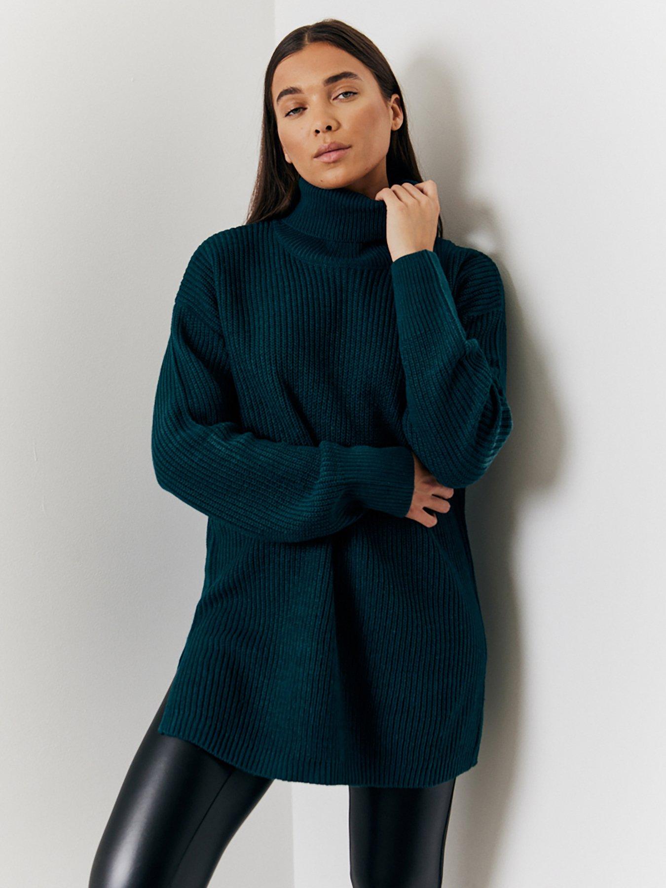 in-the-style-green-high-neck-longline-knit-jumper