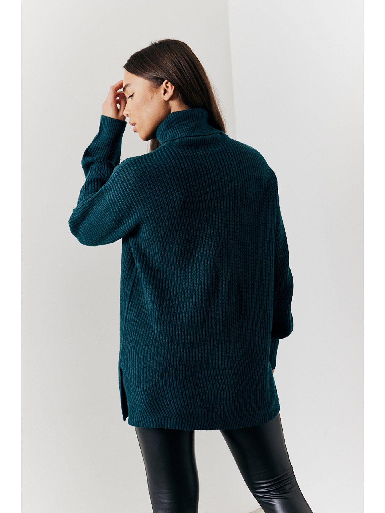 in-the-style-high-neck-longline-knit-jumper-greenstillFront