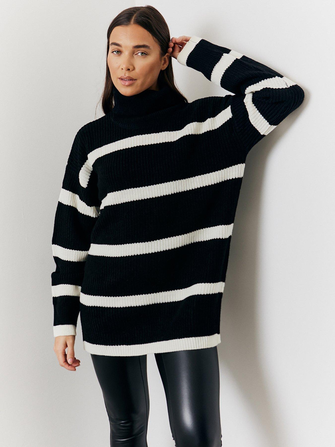 in-the-style-stripe-high-neck-longline-knit-jumper-black