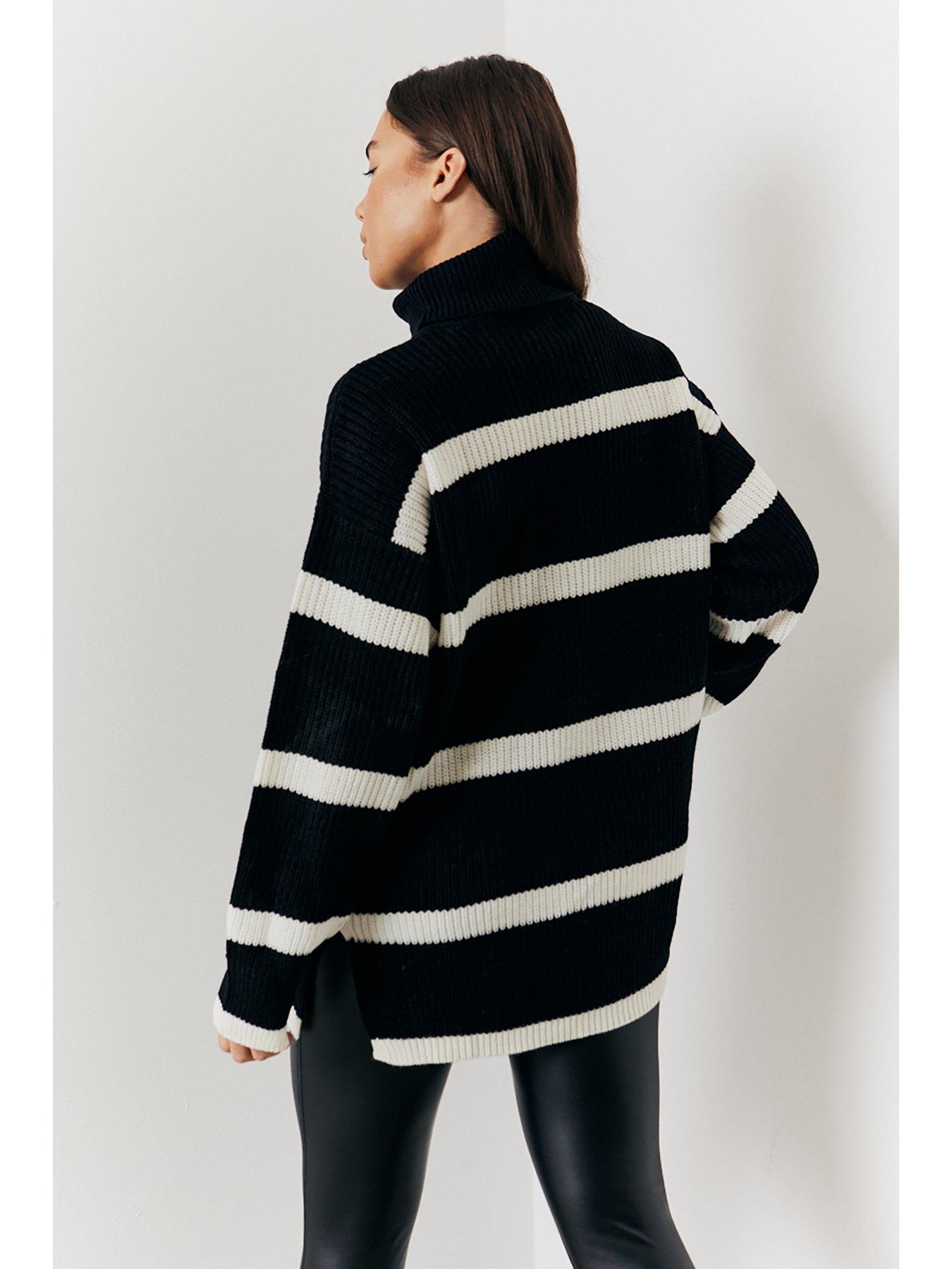 in-the-style-stripe-high-neck-longline-knit-jumper-blackstillFront